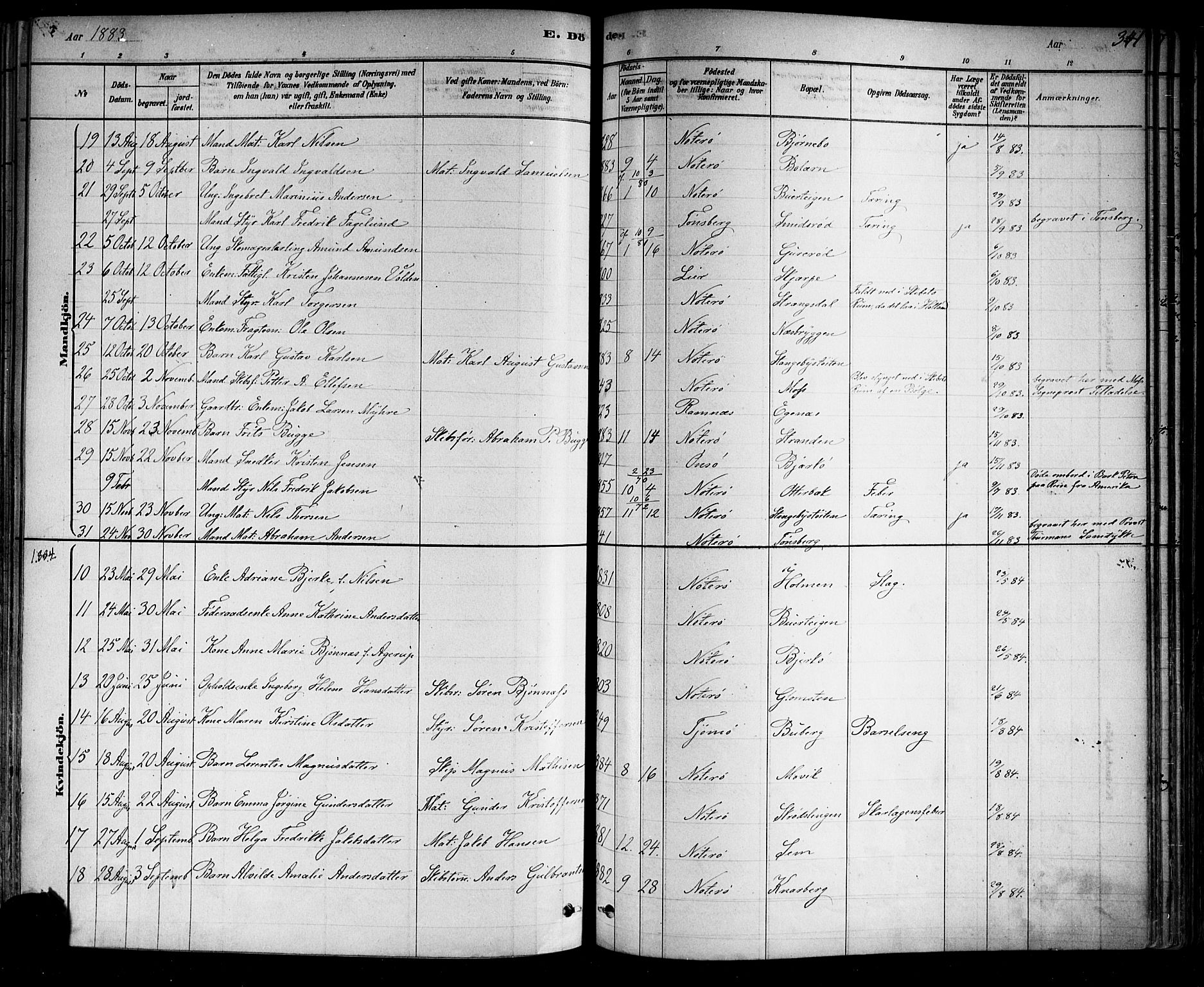 Nøtterøy kirkebøker, AV/SAKO-A-354/F/Fa/L0008: Parish register (official) no. I 8, 1878-1893, p. 341