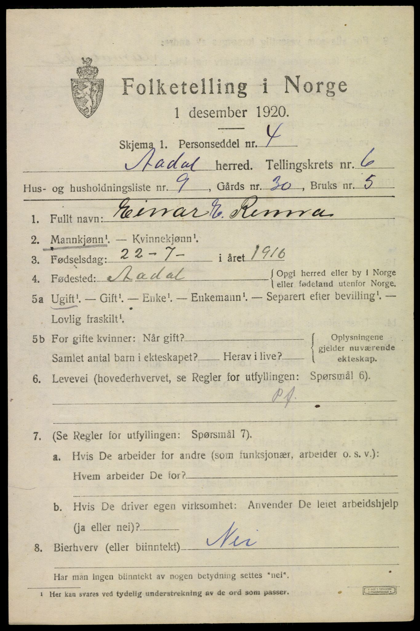 SAKO, 1920 census for Ådal, 1920, p. 4722