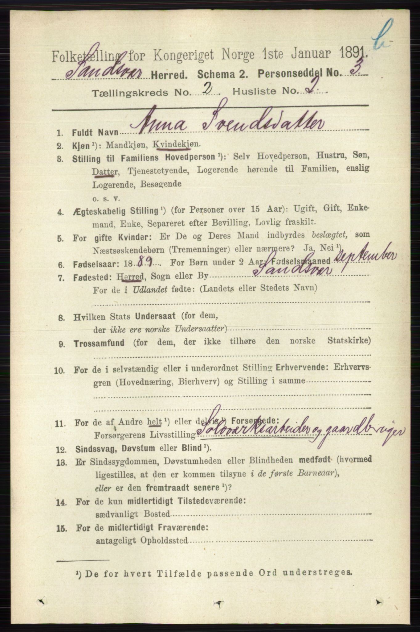 RA, 1891 census for 0629 Sandsvær, 1891, p. 5737