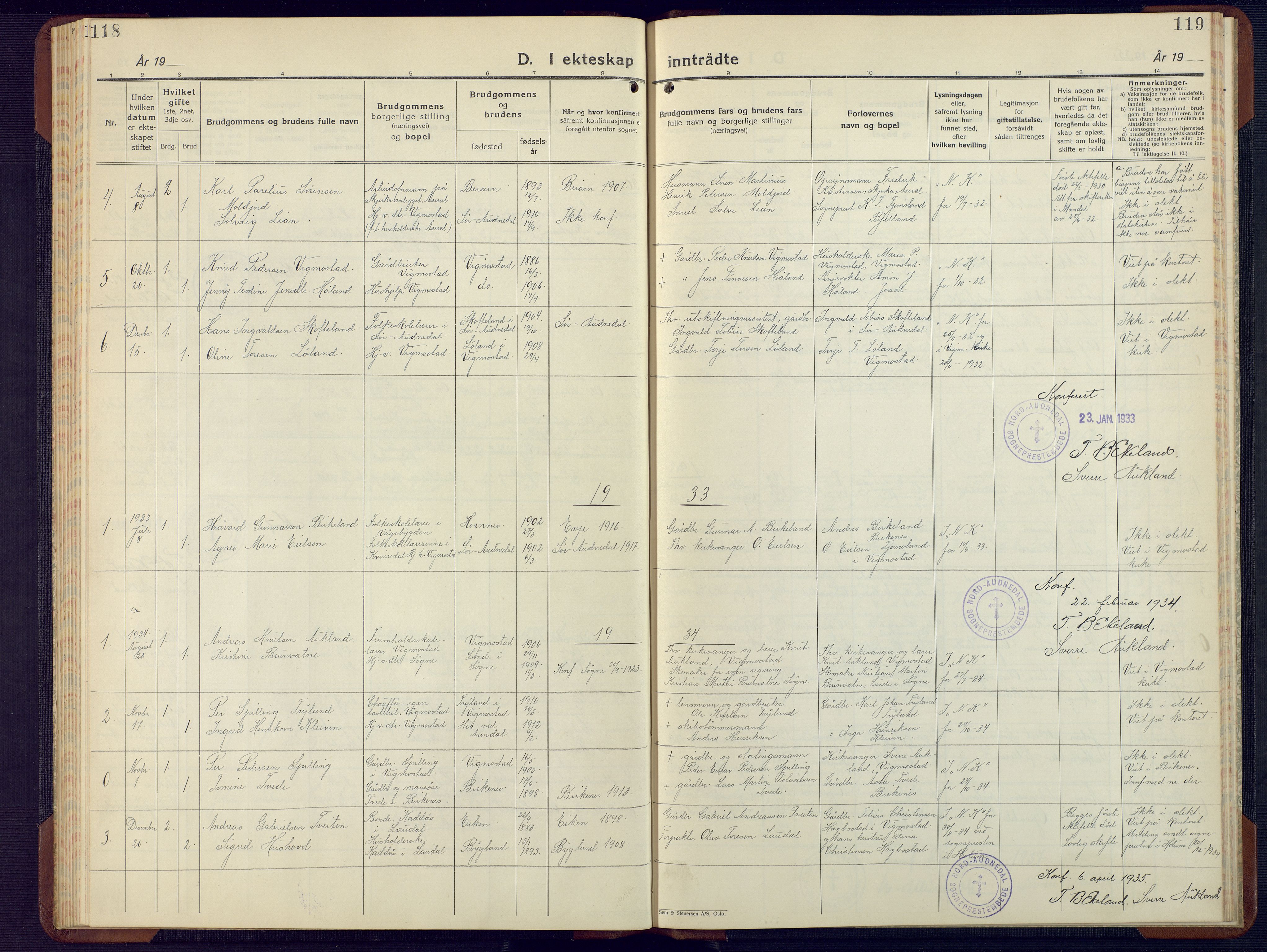 Nord-Audnedal sokneprestkontor, AV/SAK-1111-0032/F/Fb/Fbb/L0006: Parish register (copy) no. B 6, 1930-1948, p. 118-119
