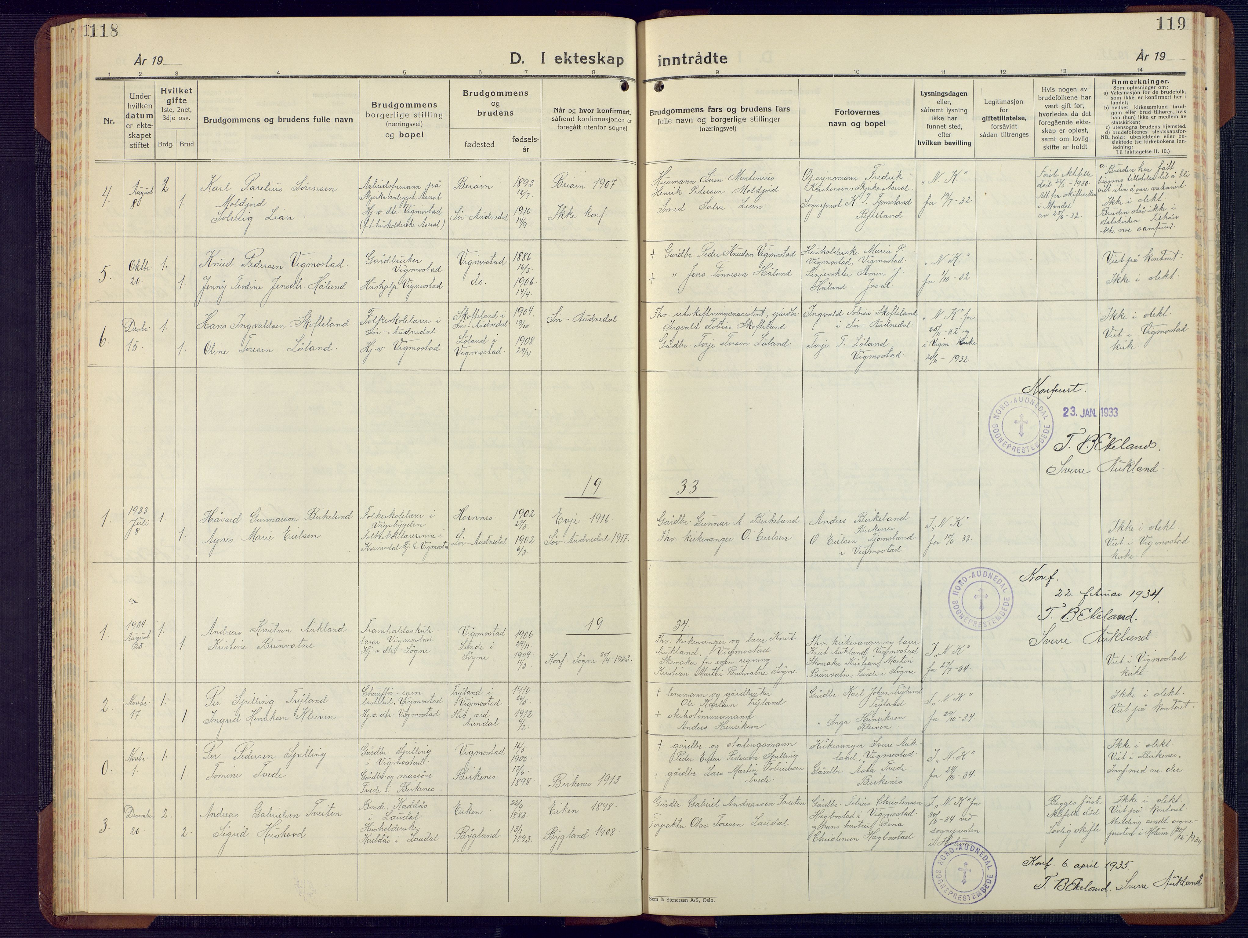 Nord-Audnedal sokneprestkontor, SAK/1111-0032/F/Fb/Fbb/L0006: Parish register (copy) no. B 6, 1930-1948, p. 118-119