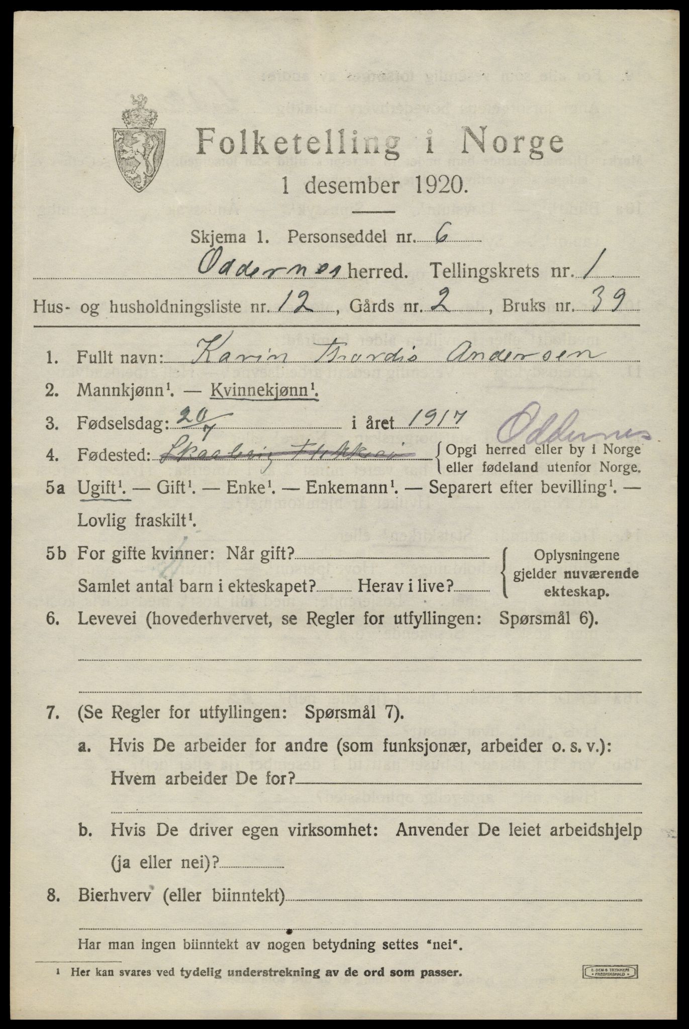 SAK, 1920 census for Oddernes, 1920, p. 2155
