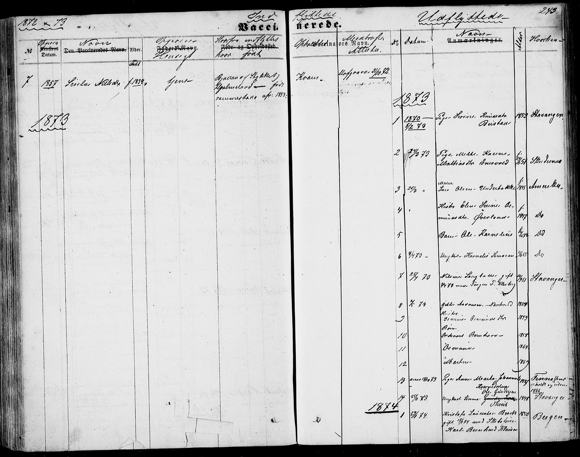 Nedstrand sokneprestkontor, SAST/A-101841/01/IV: Parish register (official) no. A 9, 1861-1876, p. 243