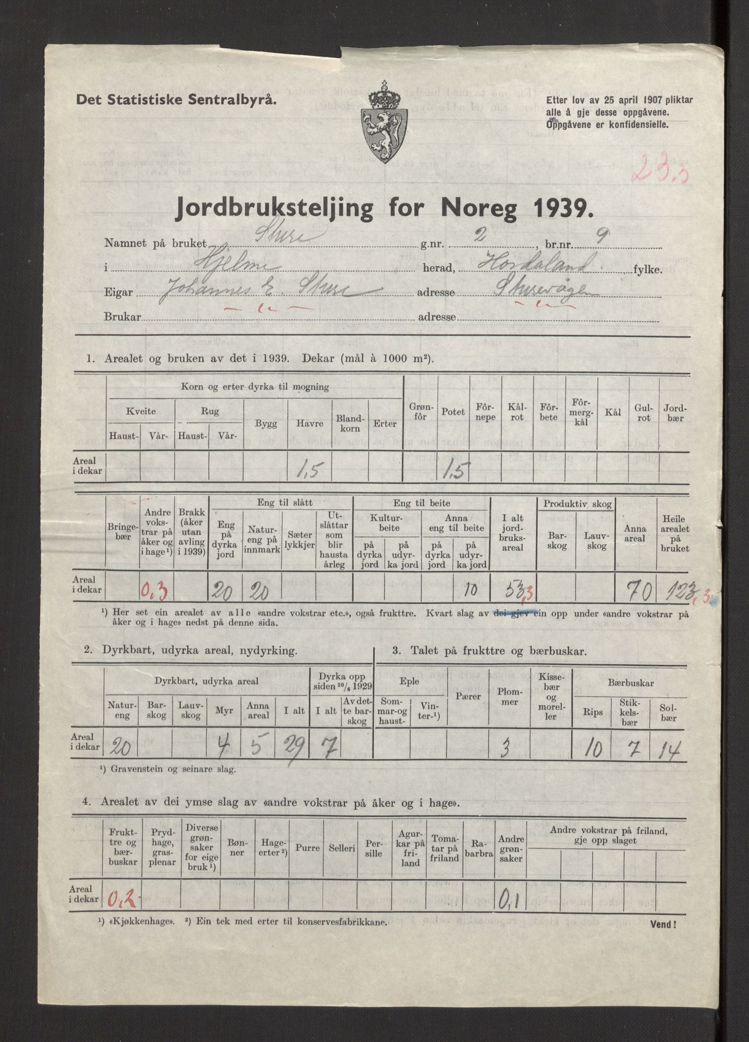 Statistisk sentralbyrå, Næringsøkonomiske emner, Jordbruk, skogbruk, jakt, fiske og fangst, AV/RA-S-2234/G/Gb/L0211: Hordaland: Herdla, Hjelme og Manger, 1939, p. 1399