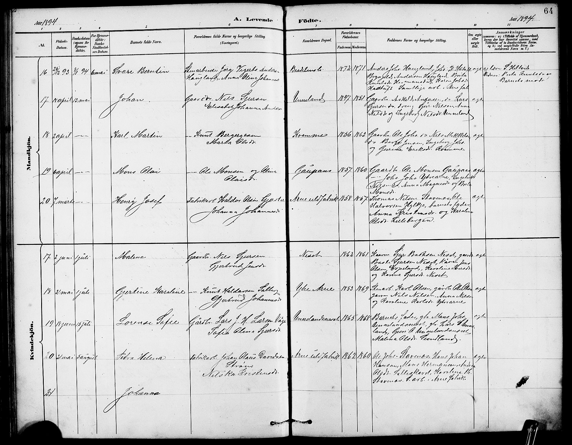 Arna sokneprestembete, AV/SAB-A-74001/H/Ha/Hab: Parish register (copy) no. A 3, 1887-1897, p. 64