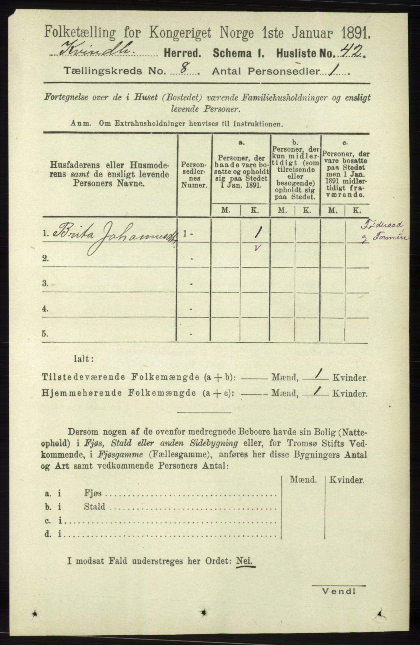 RA, 1891 census for 1224 Kvinnherad, 1891, p. 2963