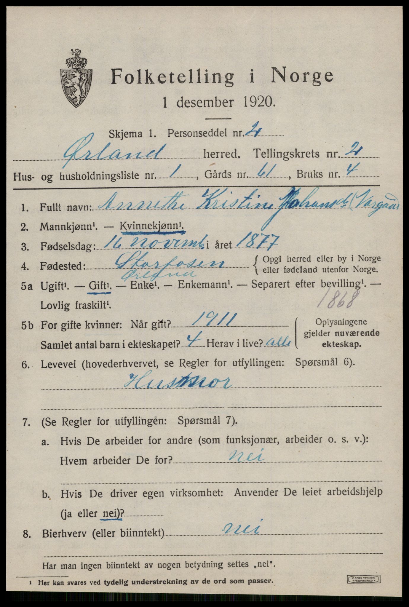 SAT, 1920 census for Ørland, 1920, p. 2229