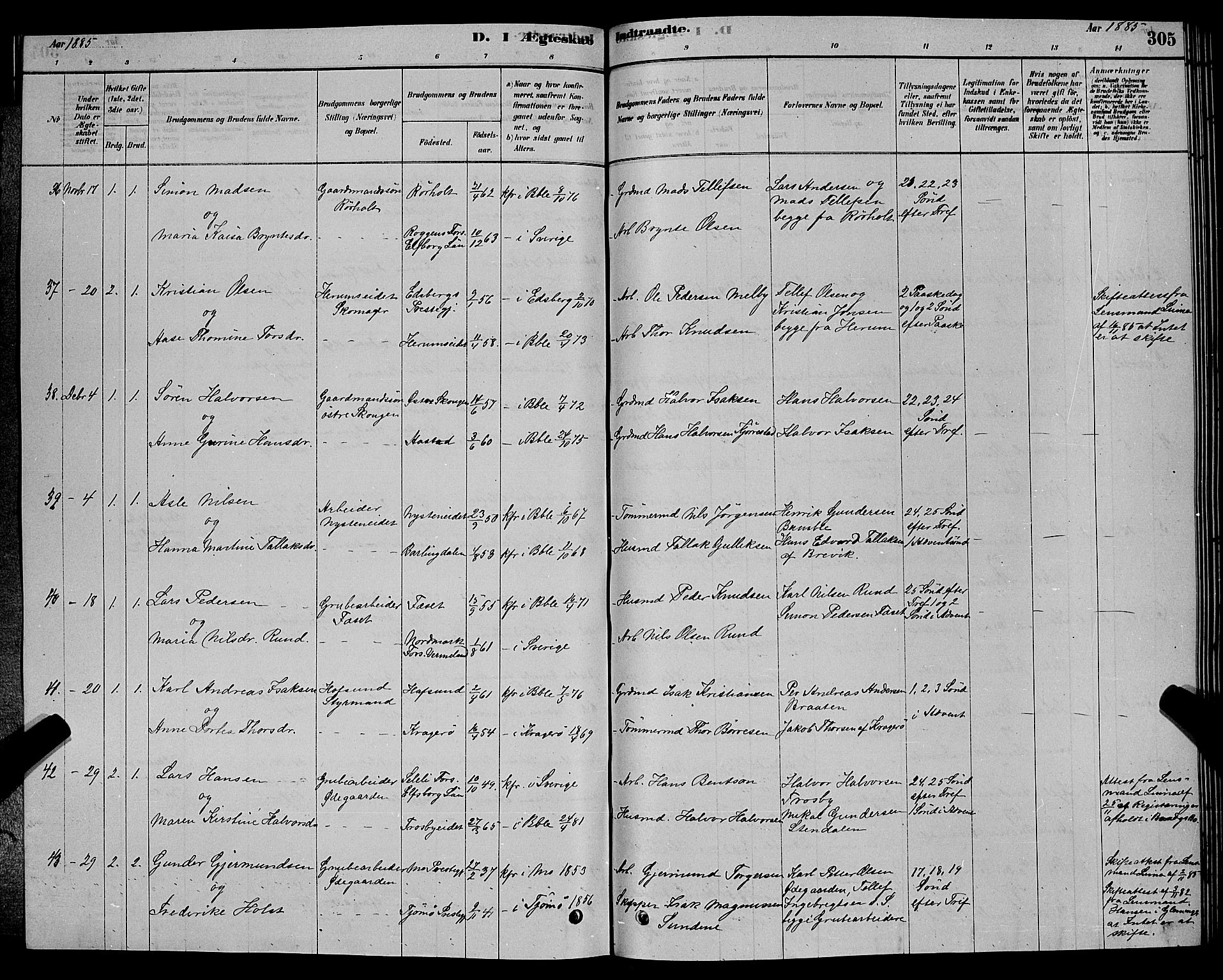 Bamble kirkebøker, SAKO/A-253/G/Ga/L0008: Parish register (copy) no. I 8, 1878-1888, p. 305