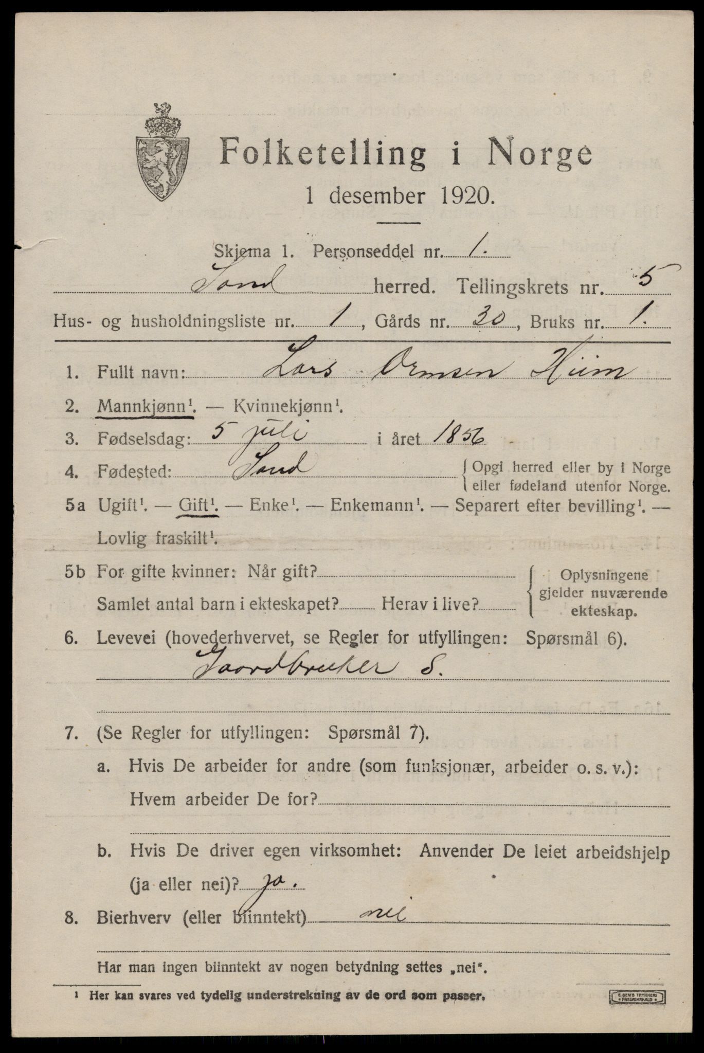 SAST, 1920 census for Sand, 1920, p. 1887