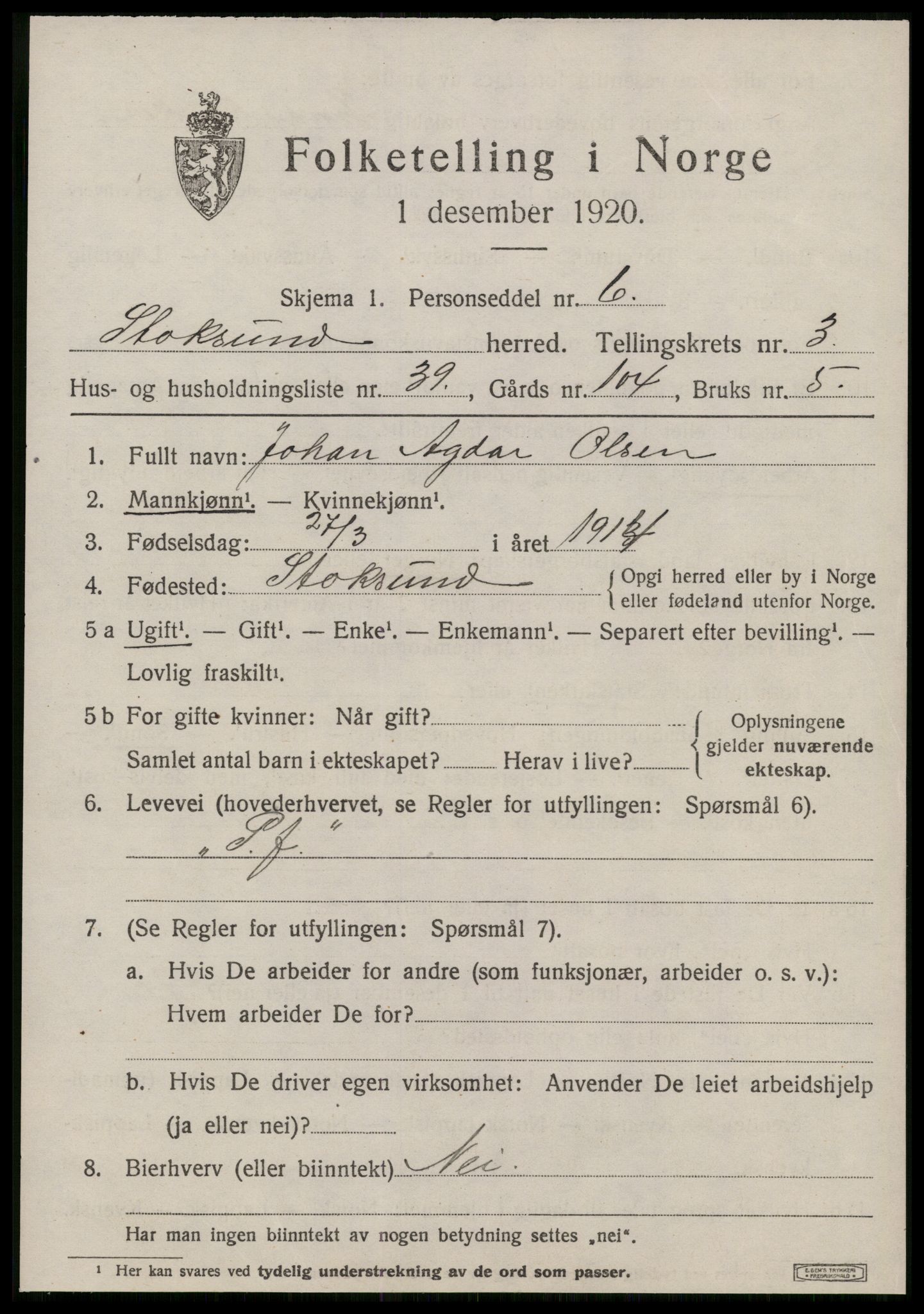 SAT, 1920 census for Stoksund, 1920, p. 1950