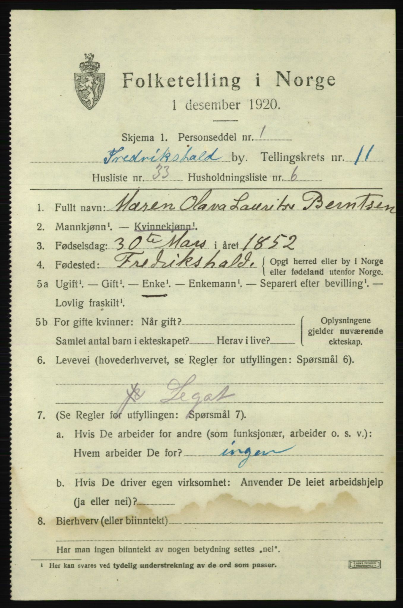 SAO, 1920 census for Fredrikshald, 1920, p. 19737