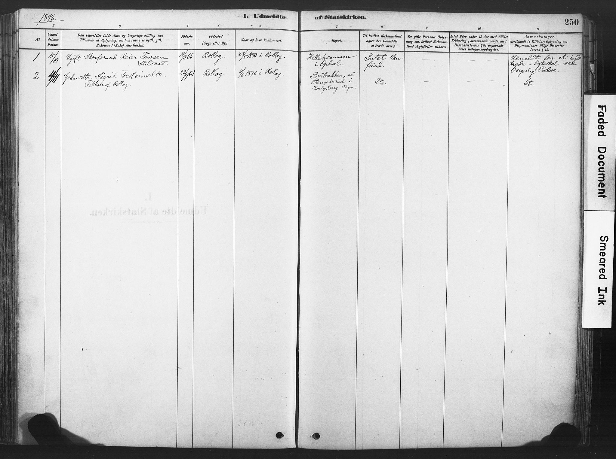 Rollag kirkebøker, AV/SAKO-A-240/F/Fa/L0011: Parish register (official) no. I 11, 1878-1902, p. 250