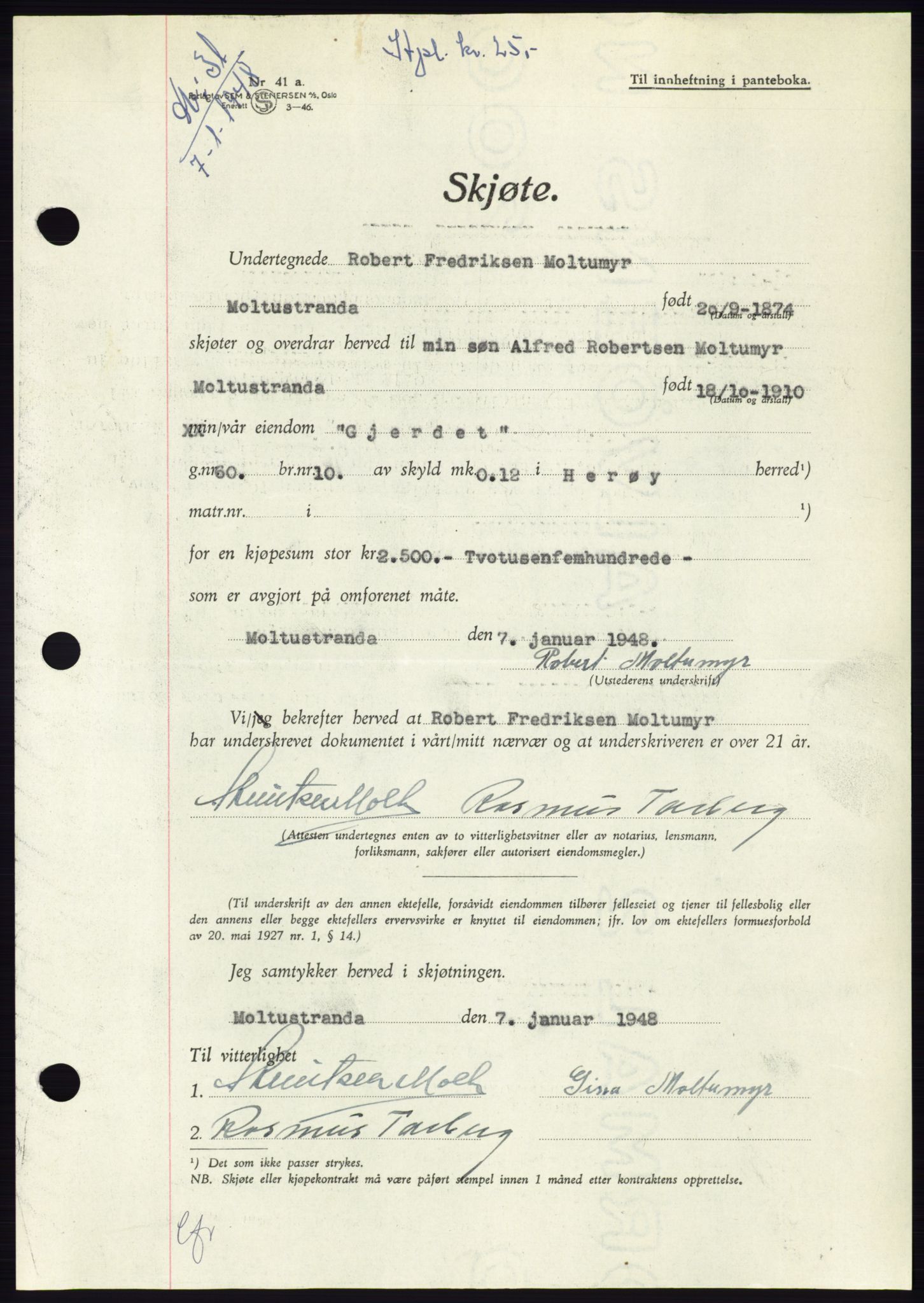 Søre Sunnmøre sorenskriveri, AV/SAT-A-4122/1/2/2C/L0081: Mortgage book no. 7A, 1947-1948, Diary no: : 31/1948