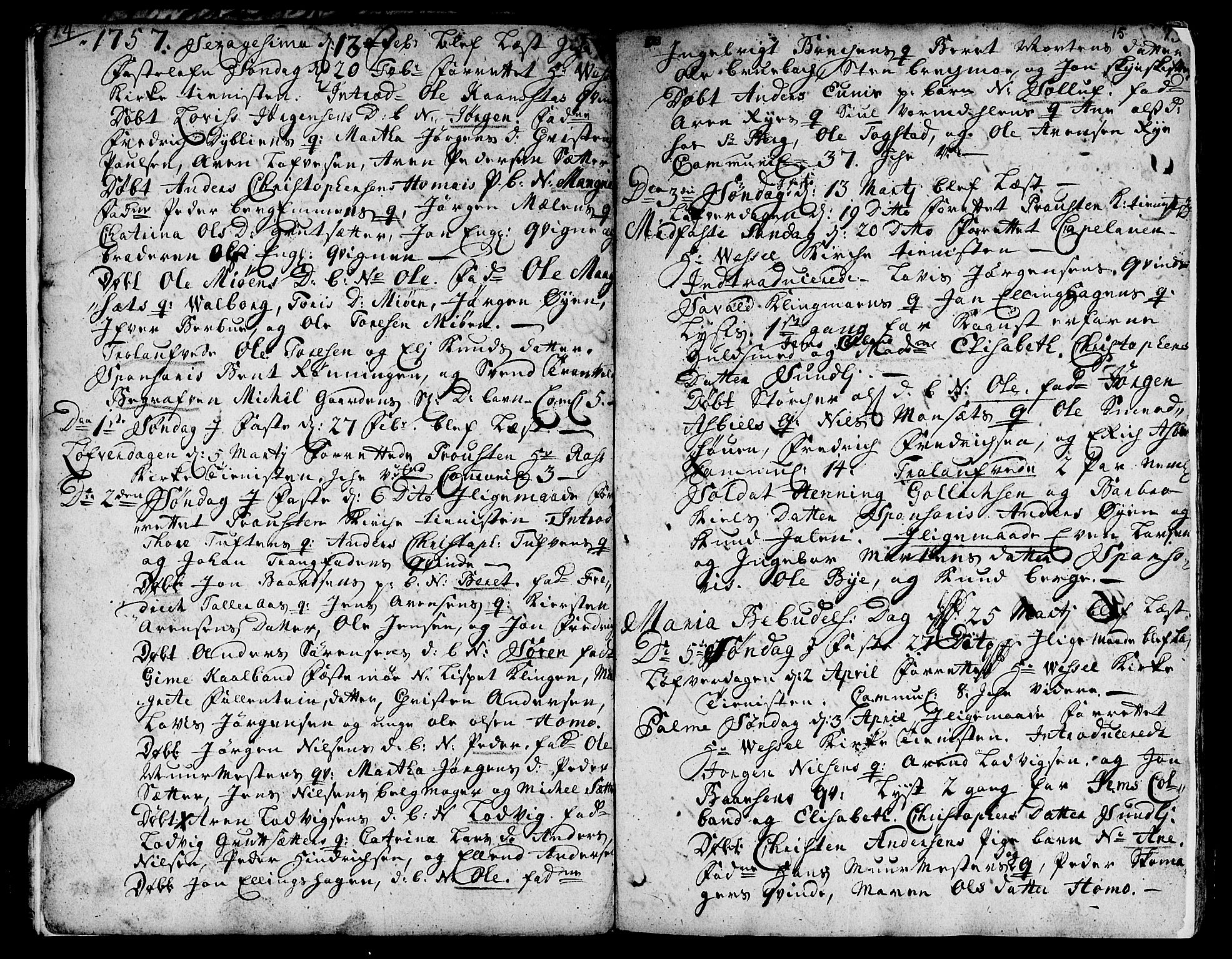 Ministerialprotokoller, klokkerbøker og fødselsregistre - Sør-Trøndelag, SAT/A-1456/671/L0840: Parish register (official) no. 671A02, 1756-1794, p. 14-15