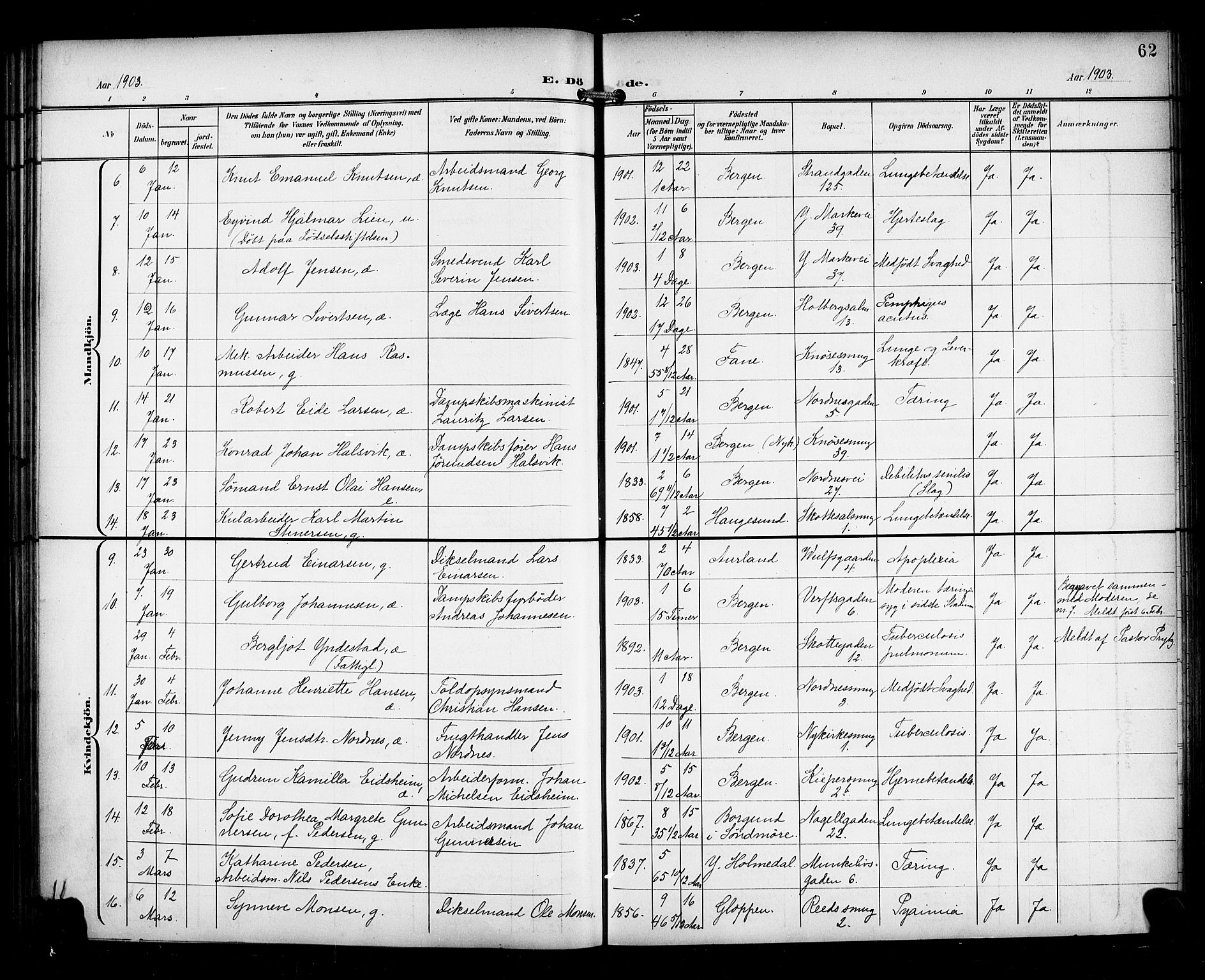 Nykirken Sokneprestembete, AV/SAB-A-77101/H/Haa/L0045: Parish register (official) no. E 5, 1899-1917, p. 62