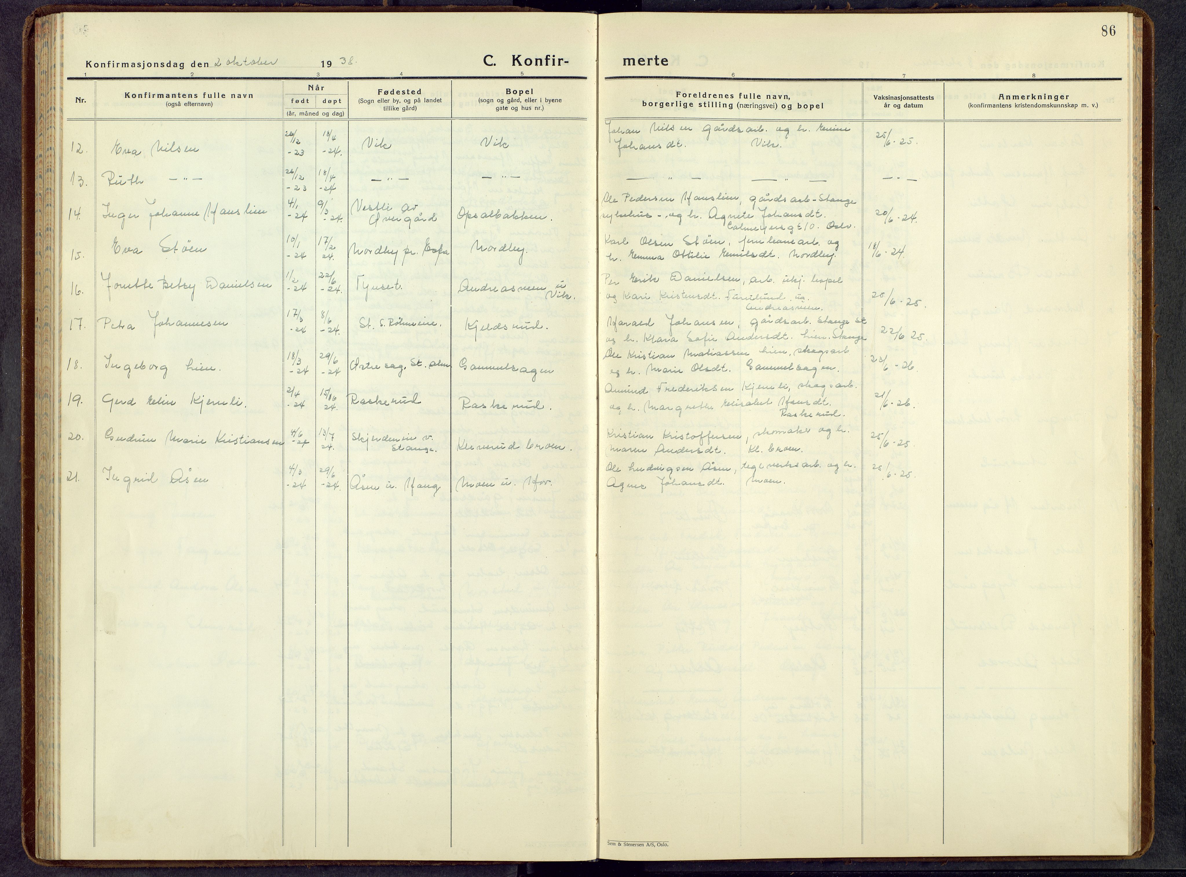 Stange prestekontor, SAH/PREST-002/L/L0021: Parish register (copy) no. 21, 1937-1962, p. 86