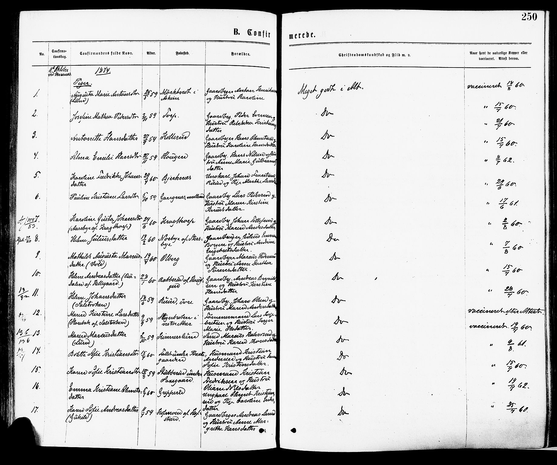 Høland prestekontor Kirkebøker, AV/SAO-A-10346a/F/Fa/L0012.a: Parish register (official) no. I 12A, 1869-1879, p. 250