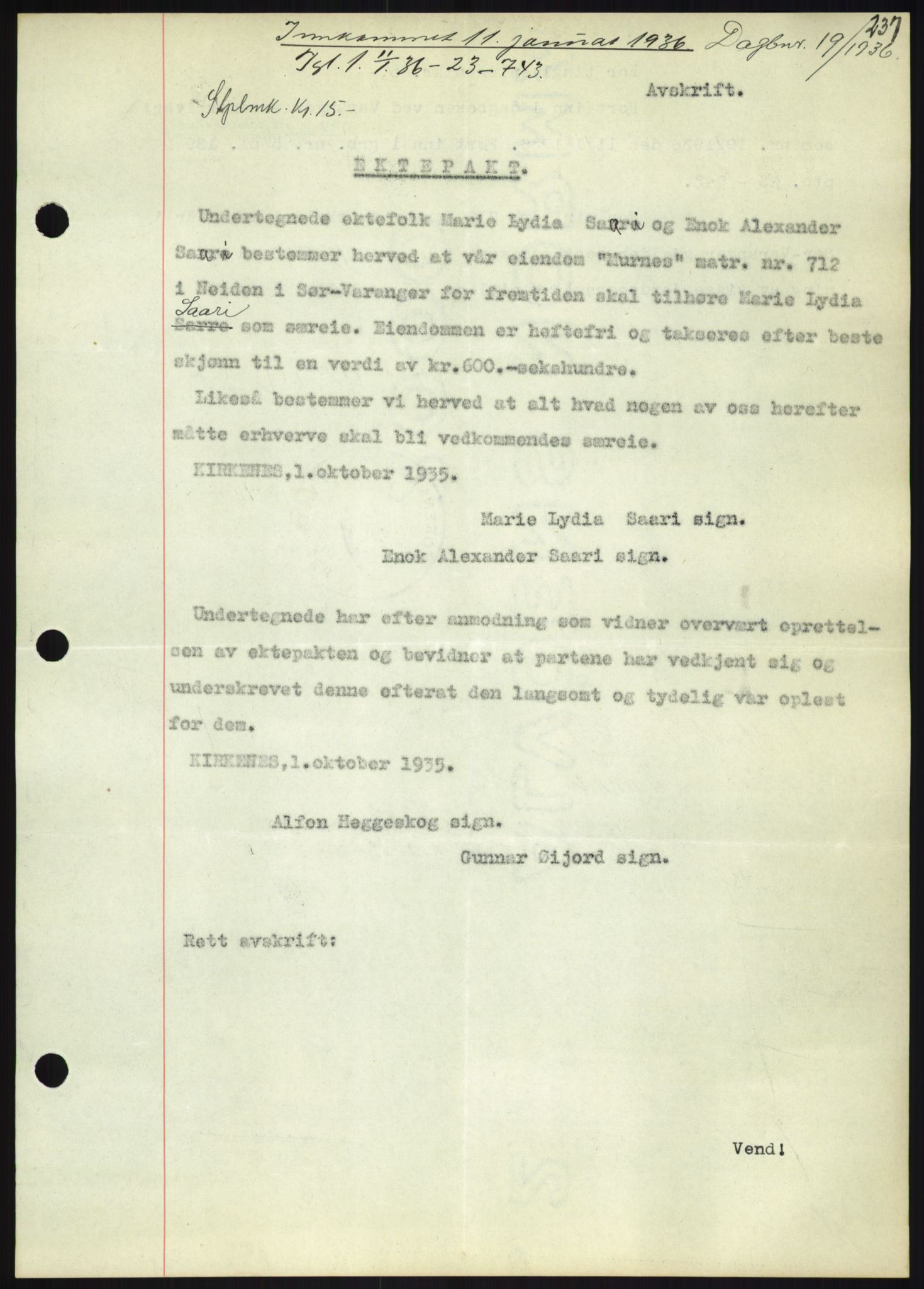 Oslo byskriverembete, AV/SAO-A-10227/2/G/Gb/L0072: Tinglyste ektepakter, Finnmark, bind 1, 1928-1950