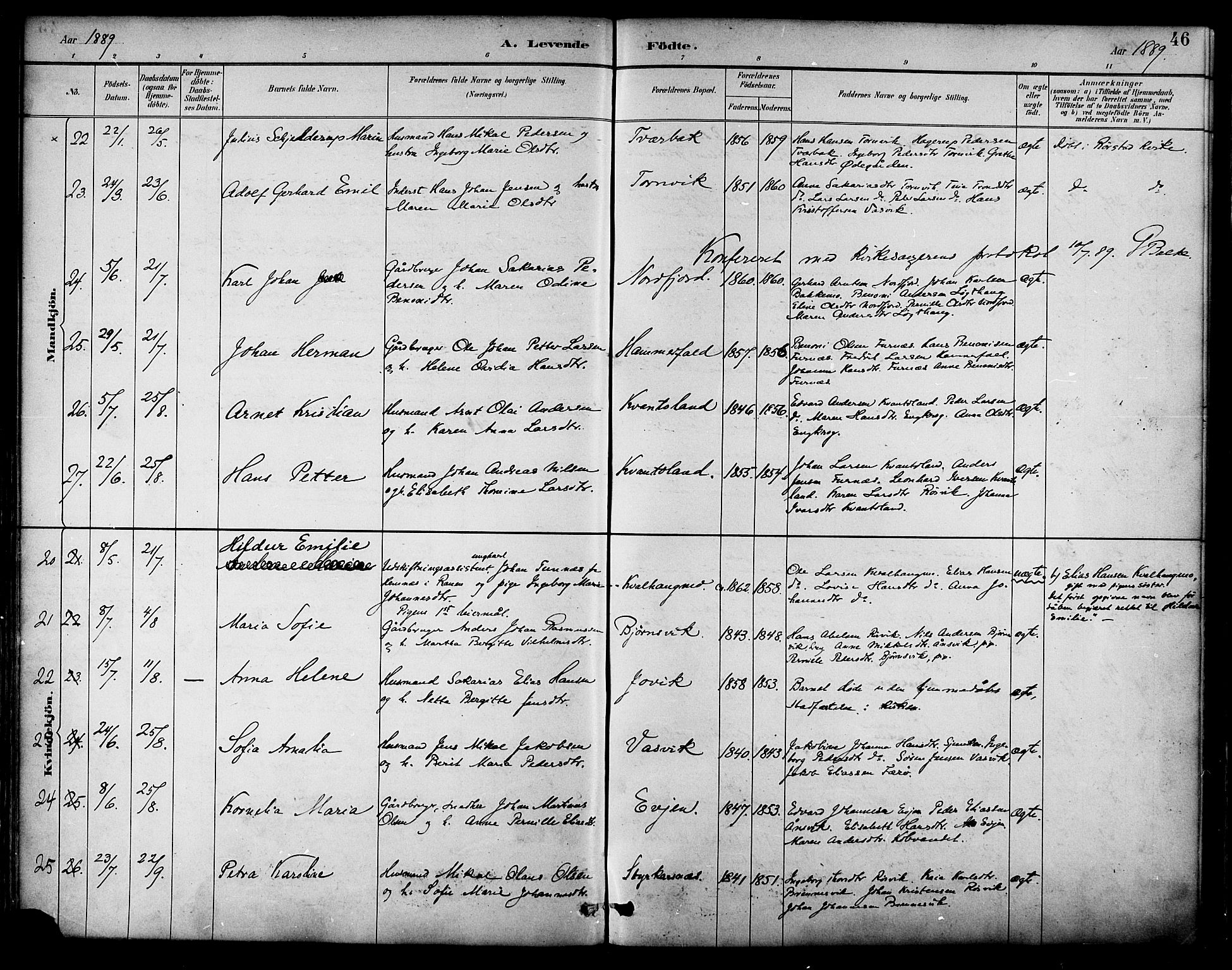 Ministerialprotokoller, klokkerbøker og fødselsregistre - Nordland, AV/SAT-A-1459/854/L0777: Parish register (official) no. 854A01 /1, 1883-1891, p. 46