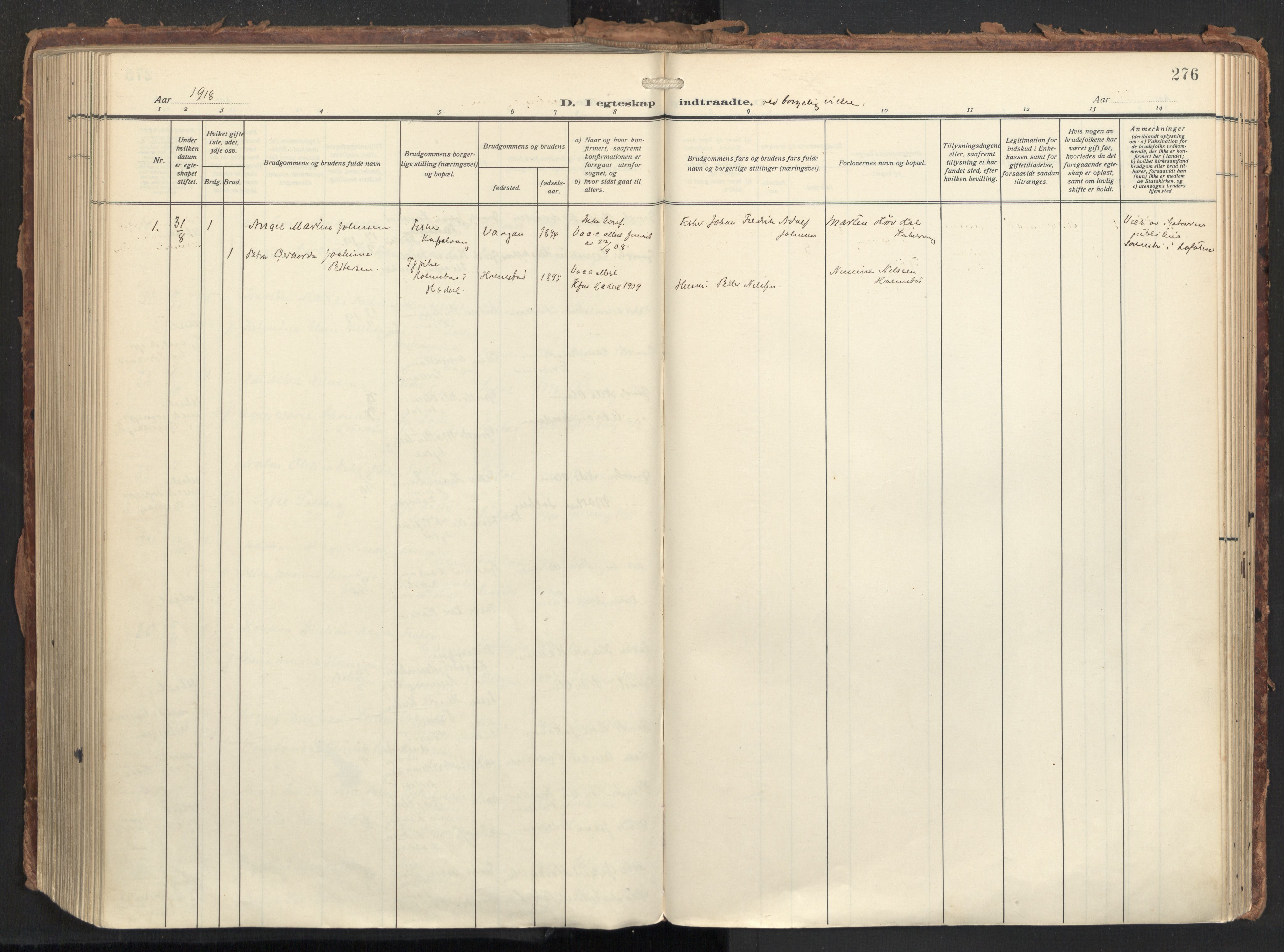 Ministerialprotokoller, klokkerbøker og fødselsregistre - Nordland, AV/SAT-A-1459/874/L1064: Parish register (official) no. 874A08, 1915-1926, p. 276