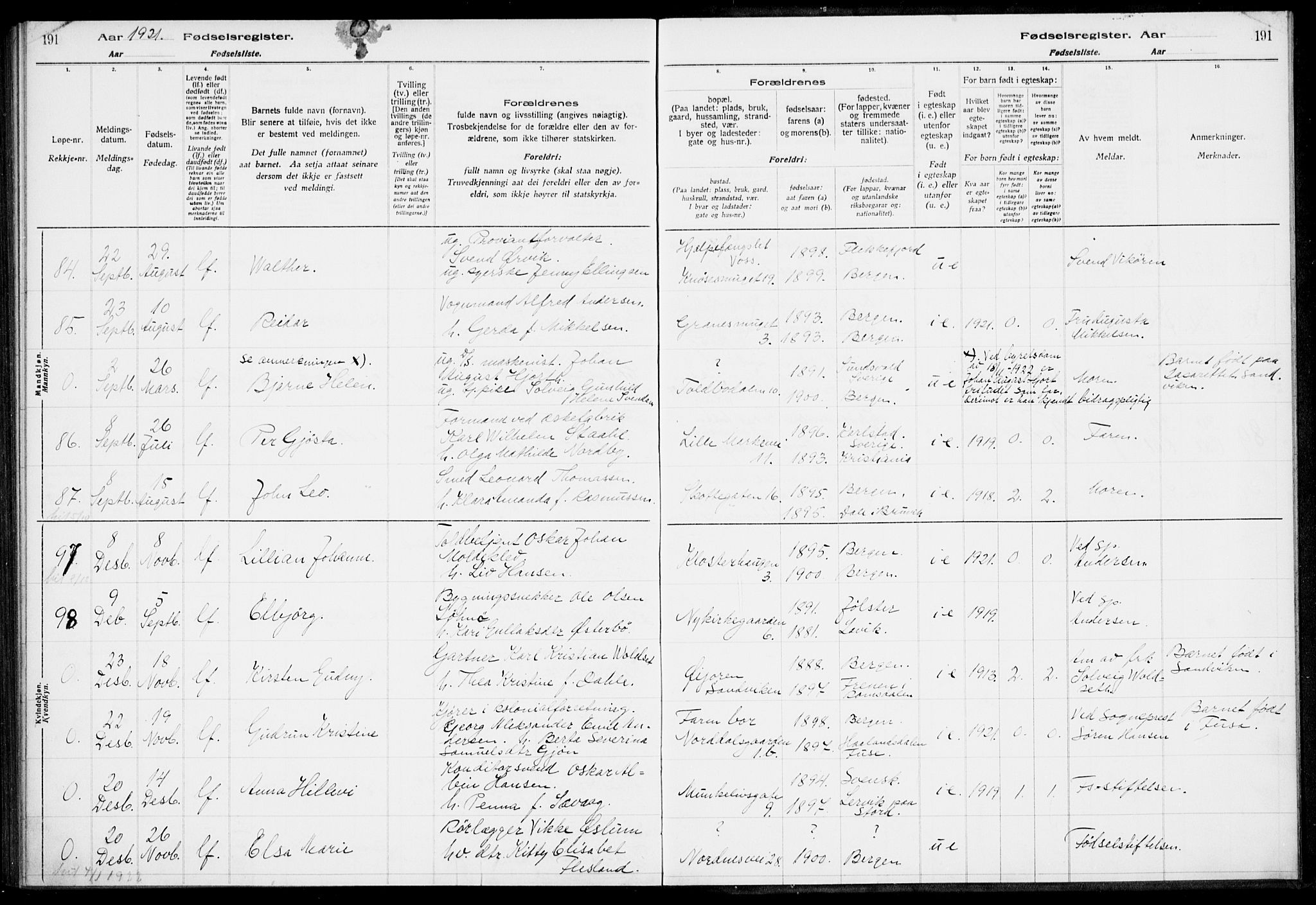 Nykirken Sokneprestembete, AV/SAB-A-77101/I/Id/L00A1: Birth register no. A 1, 1916-1922, p. 191