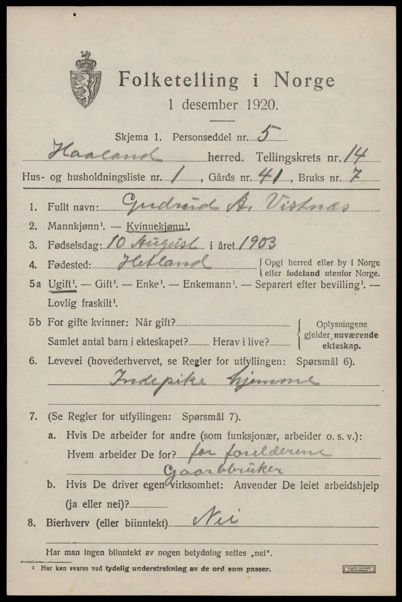 SAST, 1920 census for Håland, 1920, p. 9977