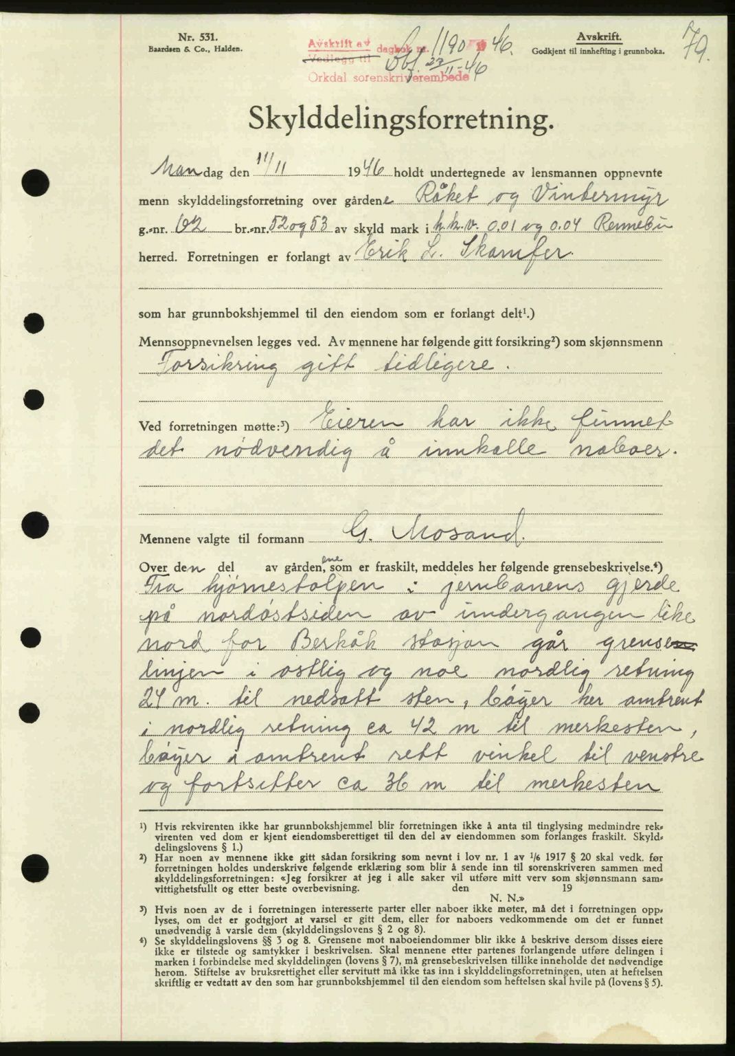Orkdal sorenskriveri, AV/SAT-A-4169/1/2/2C: Mortgage book no. A, 1946-1946, Diary no: : 1190/1946