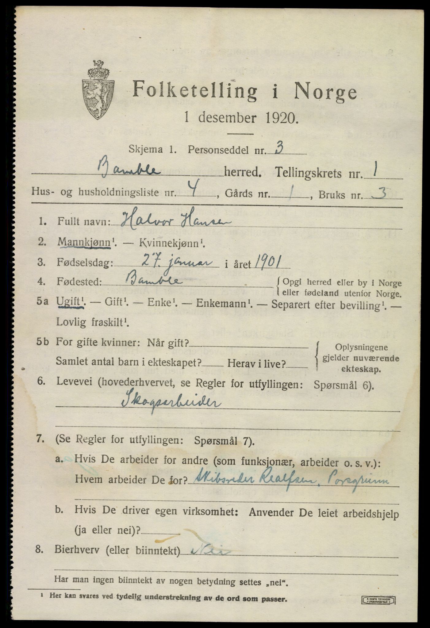SAKO, 1920 census for Bamble, 1920, p. 2019