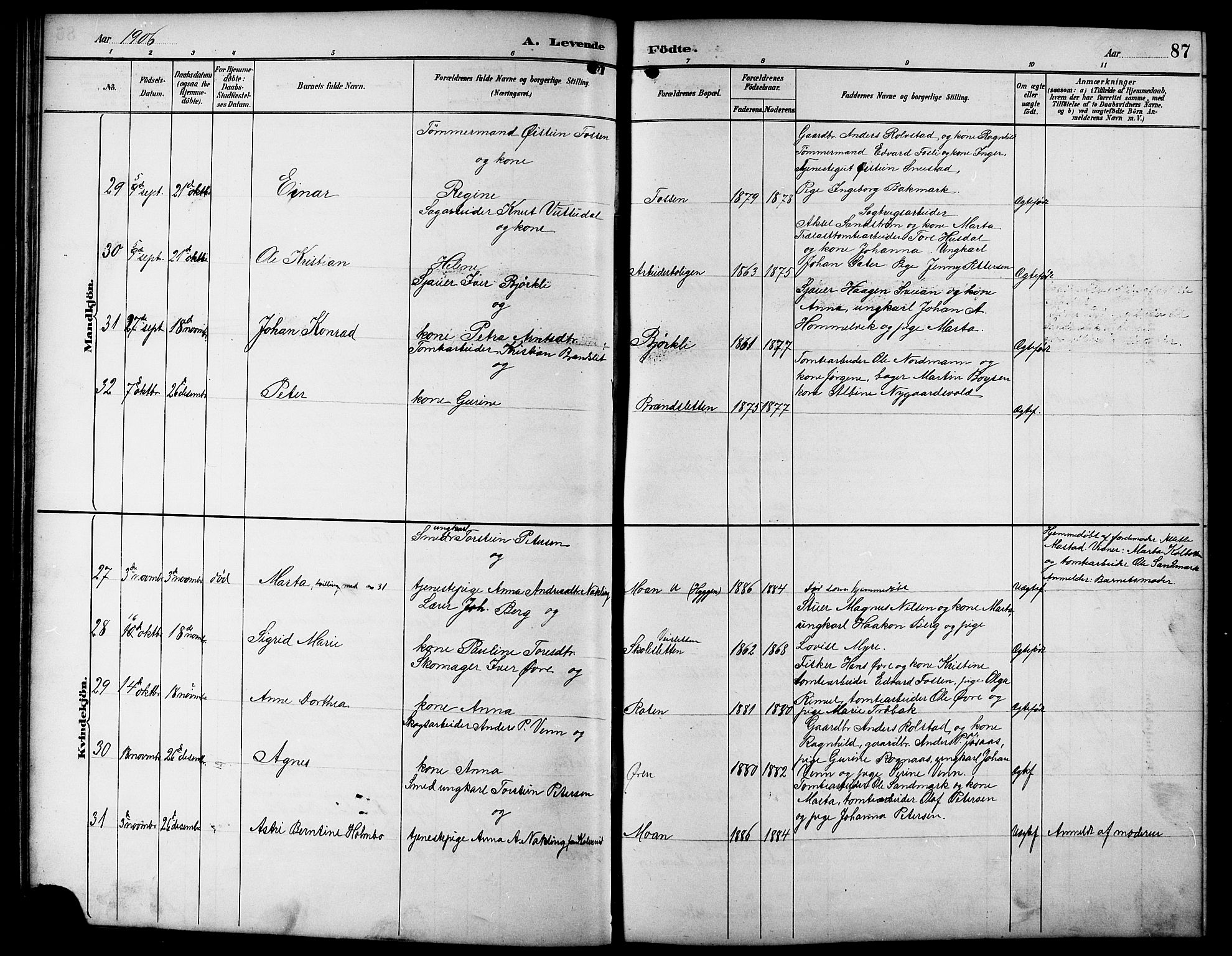 Ministerialprotokoller, klokkerbøker og fødselsregistre - Sør-Trøndelag, SAT/A-1456/617/L0431: Parish register (copy) no. 617C01, 1889-1910, p. 87