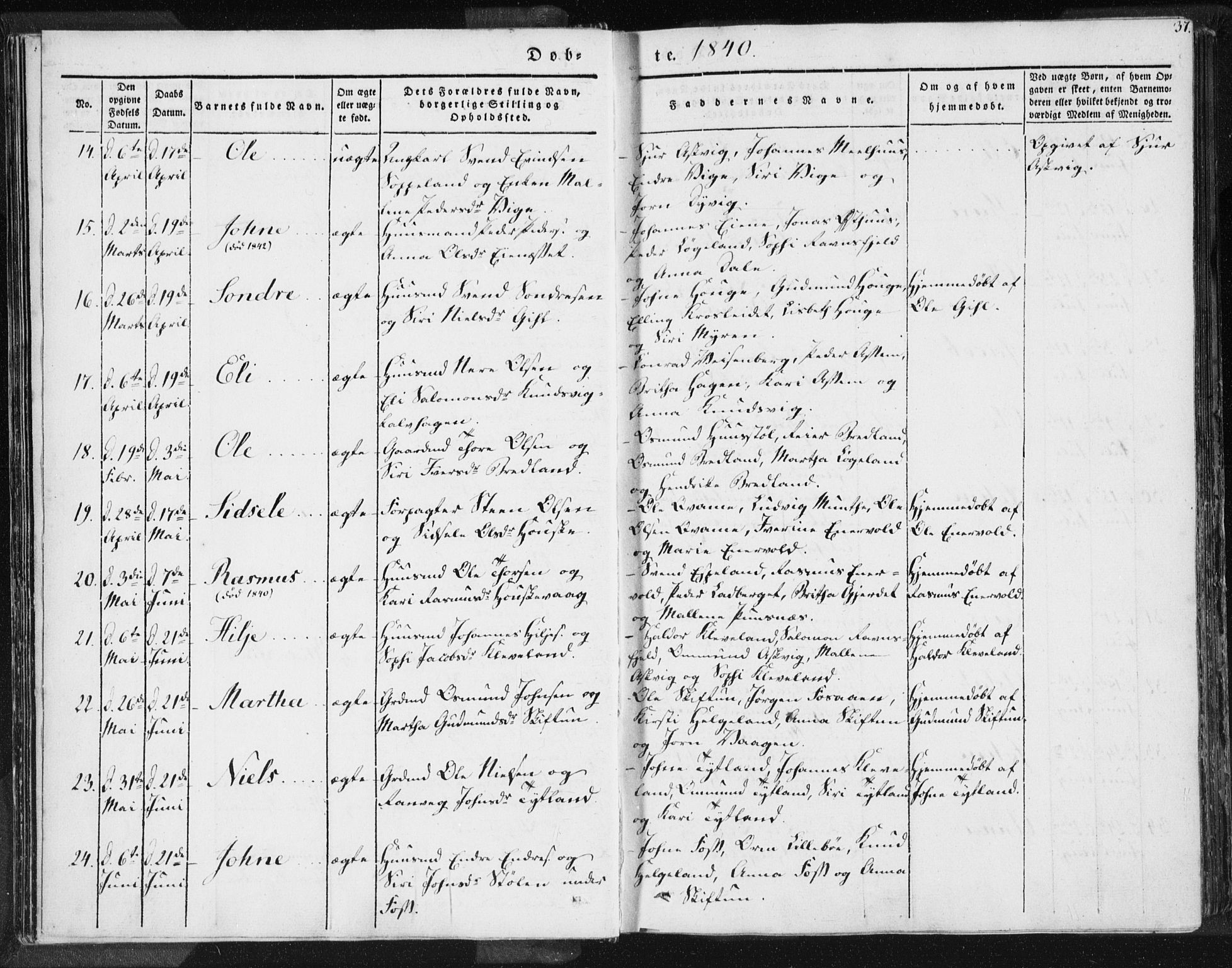 Hjelmeland sokneprestkontor, AV/SAST-A-101843/01/IV/L0006: Parish register (official) no. A 6, 1834-1845, p. 37