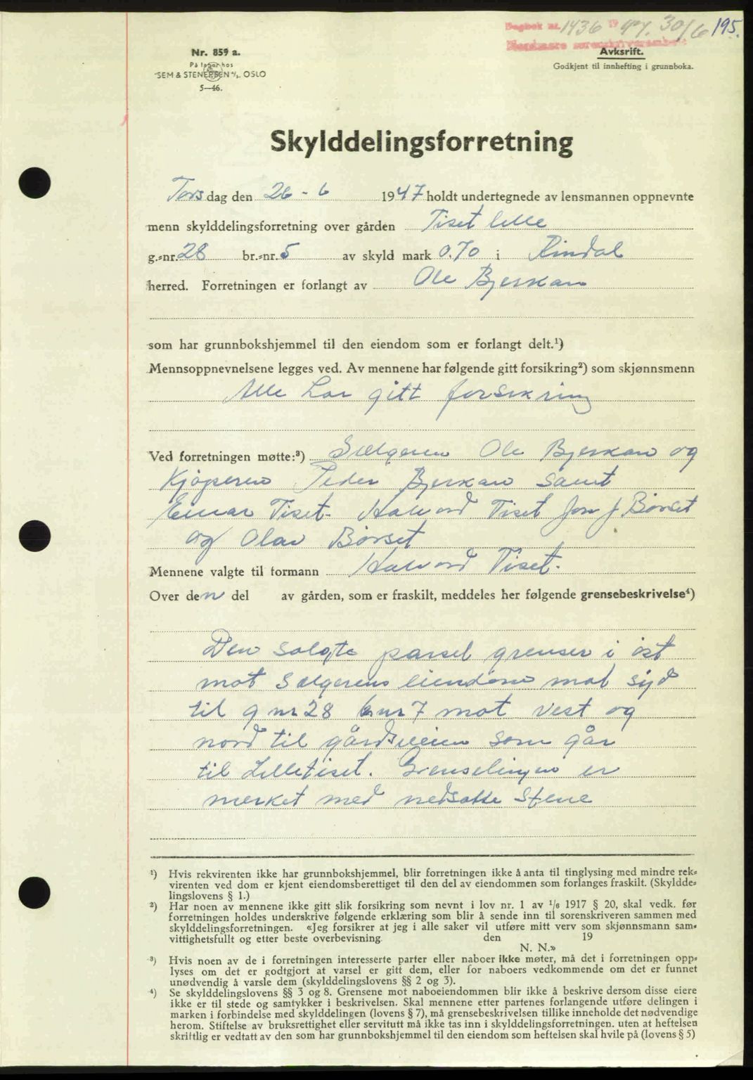 Nordmøre sorenskriveri, AV/SAT-A-4132/1/2/2Ca: Mortgage book no. A105, 1947-1947, Diary no: : 1436/1947