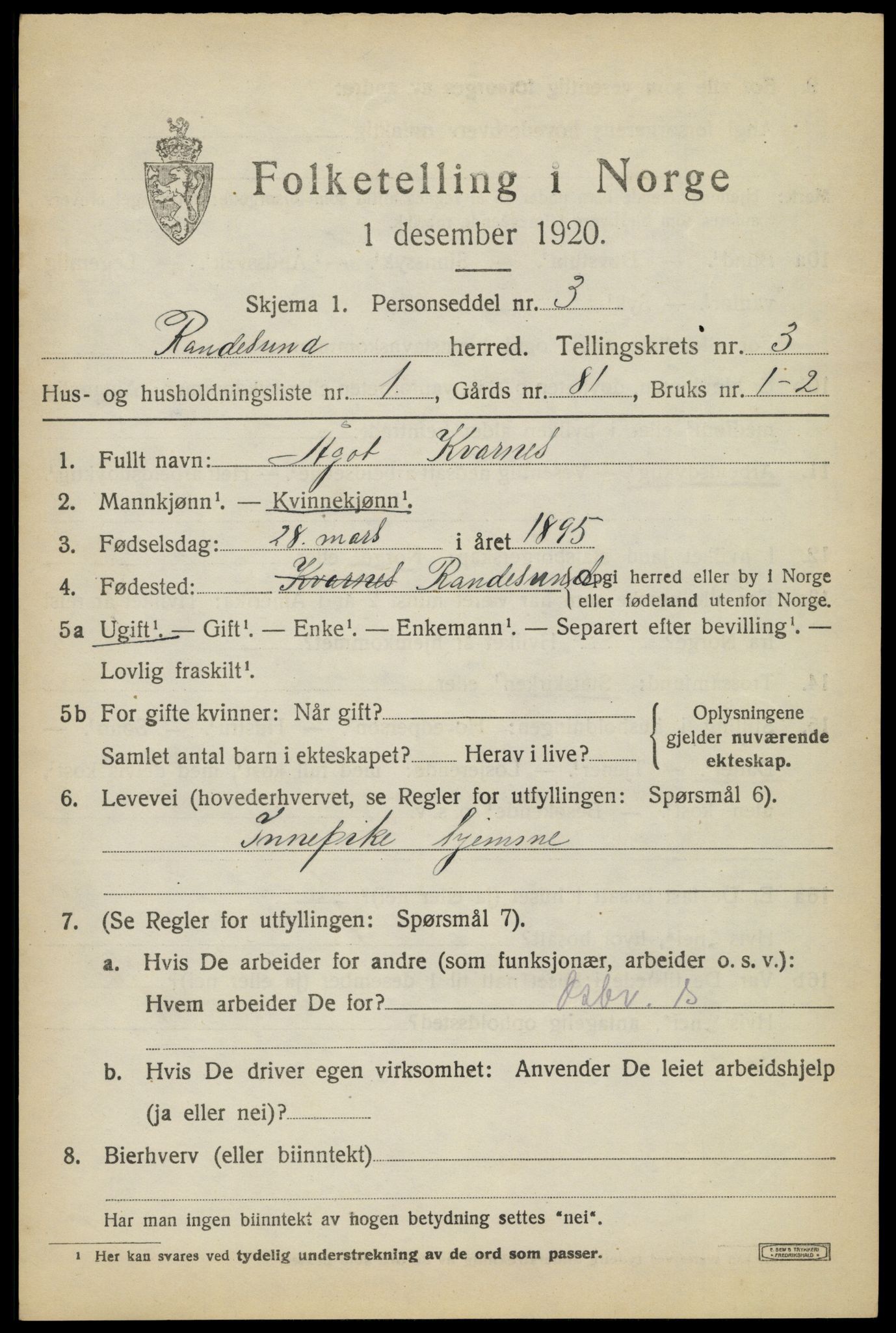 SAK, 1920 census for Randesund, 1920, p. 1456