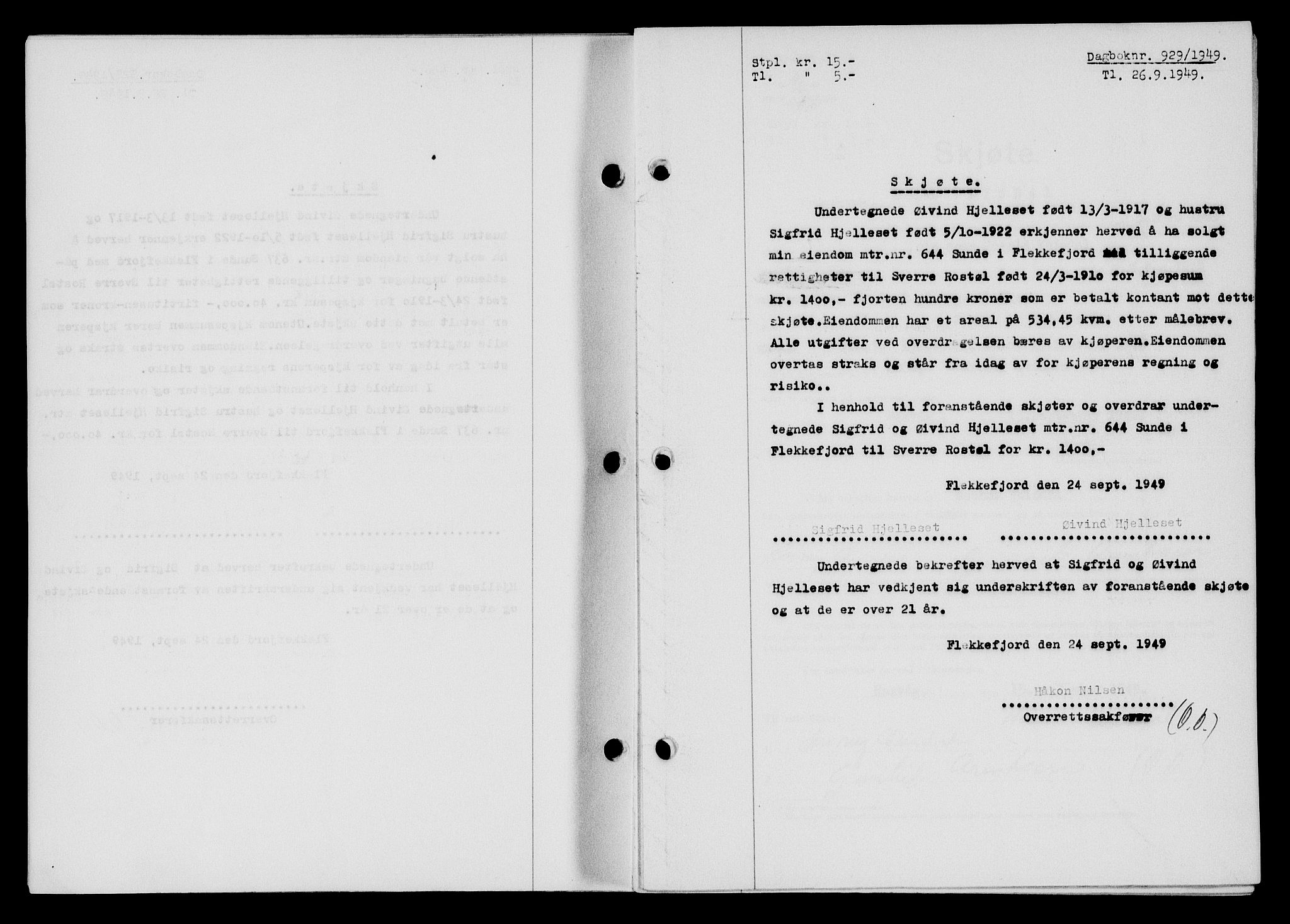 Flekkefjord sorenskriveri, SAK/1221-0001/G/Gb/Gba/L0065: Mortgage book no. A-13, 1949-1949, Diary no: : 929/1949
