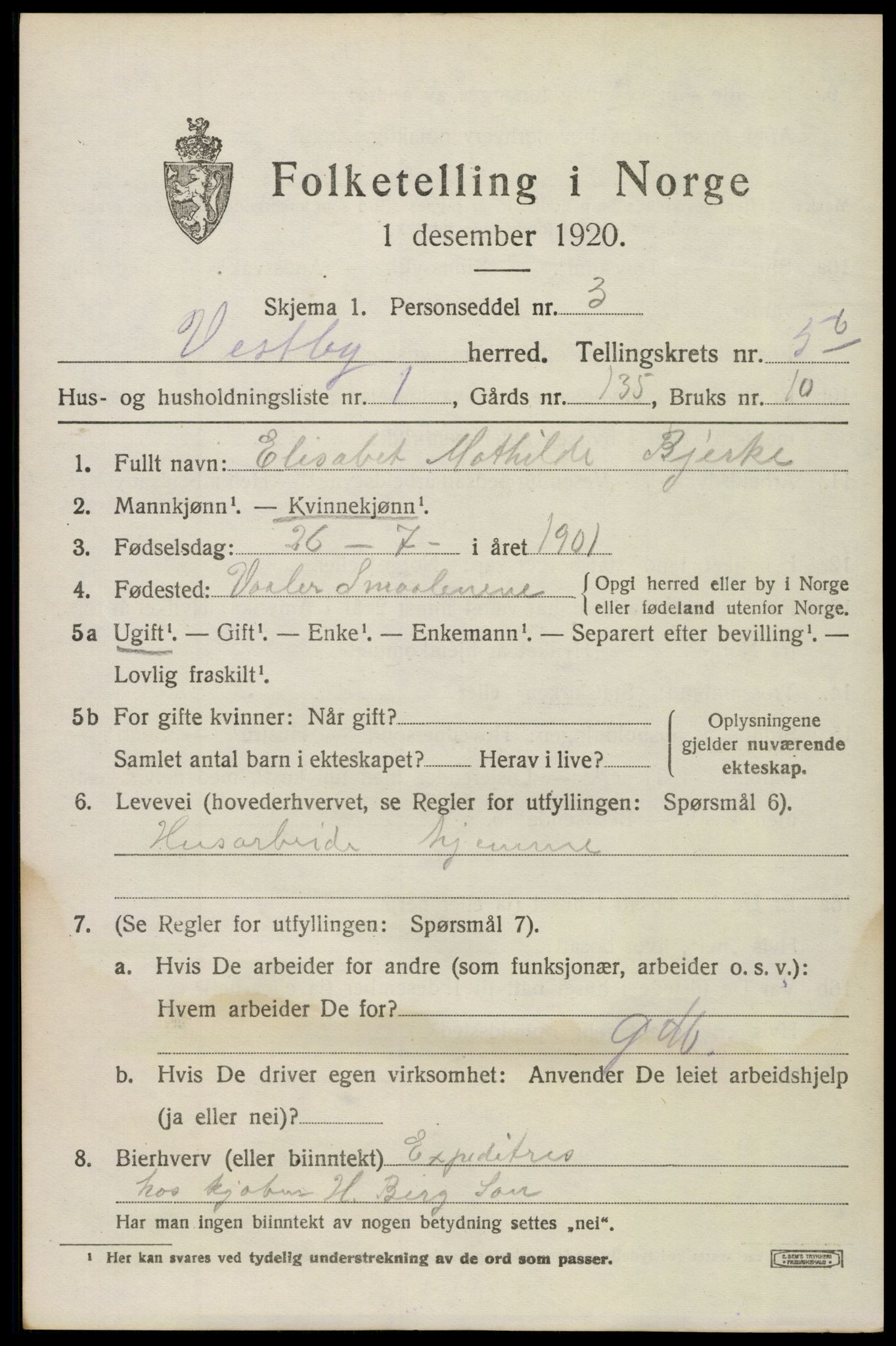 SAO, 1920 census for Vestby, 1920, p. 6365