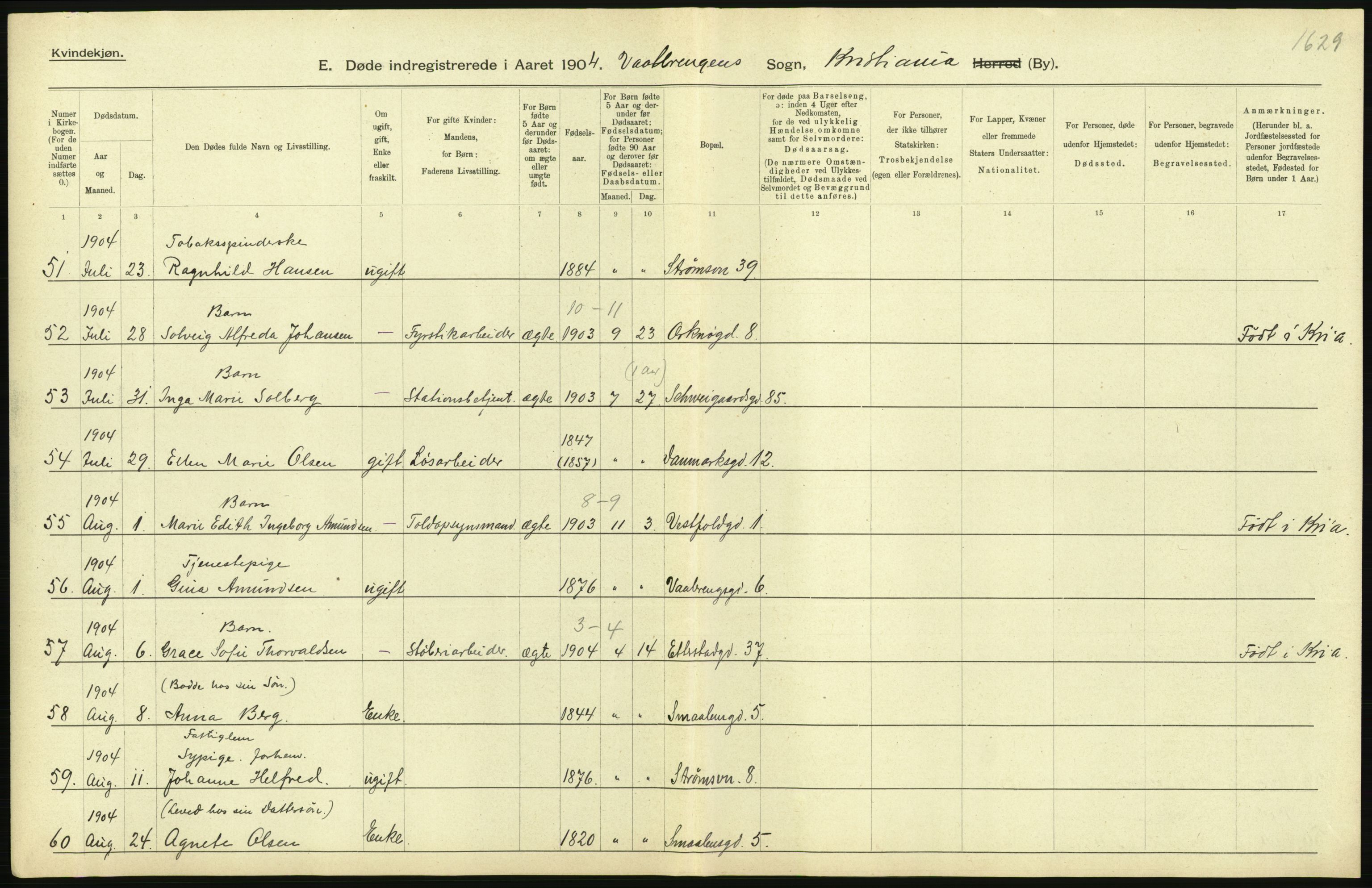 Statistisk sentralbyrå, Sosiodemografiske emner, Befolkning, AV/RA-S-2228/D/Df/Dfa/Dfab/L0004: Kristiania: Gifte, døde, 1904, p. 415