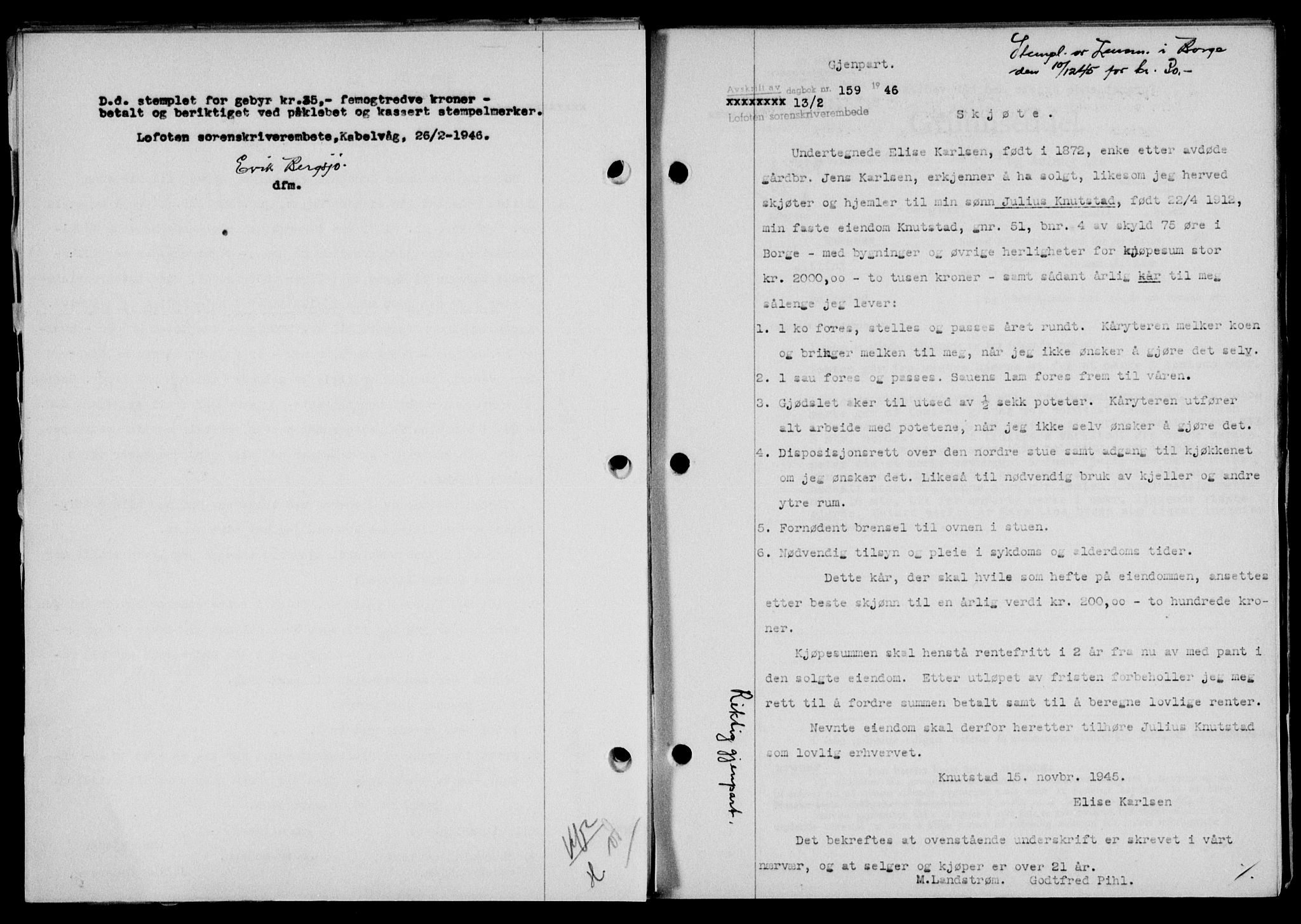 Lofoten sorenskriveri, SAT/A-0017/1/2/2C/L0013a: Mortgage book no. 13a, 1944-1946, Diary no: : 159/1946