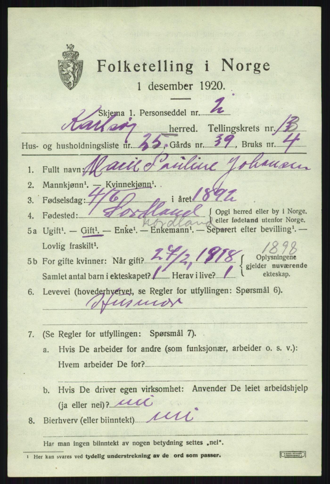 SATØ, 1920 census for Karlsøy, 1920, p. 4988