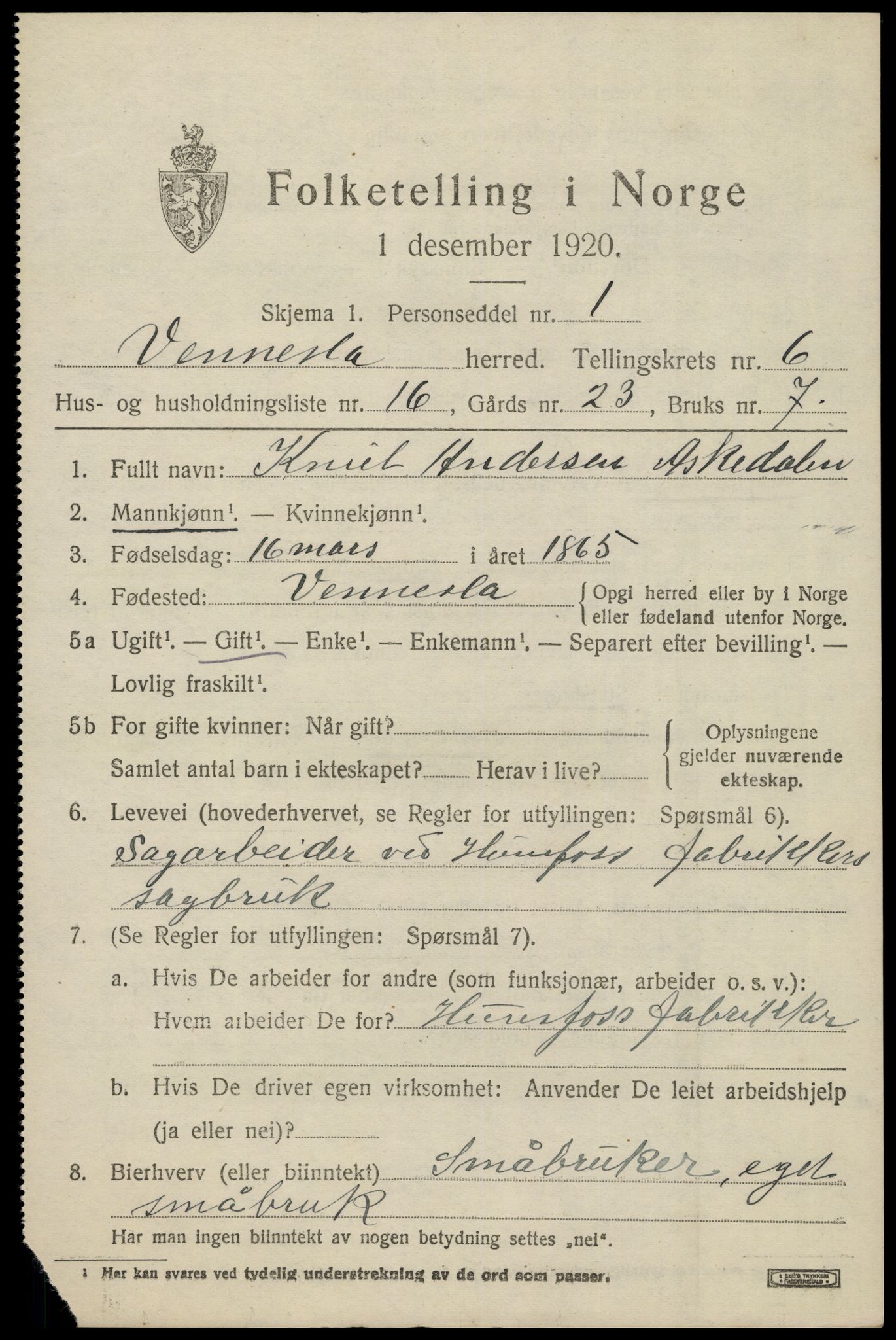 SAK, 1920 census for Vennesla, 1920, p. 4494