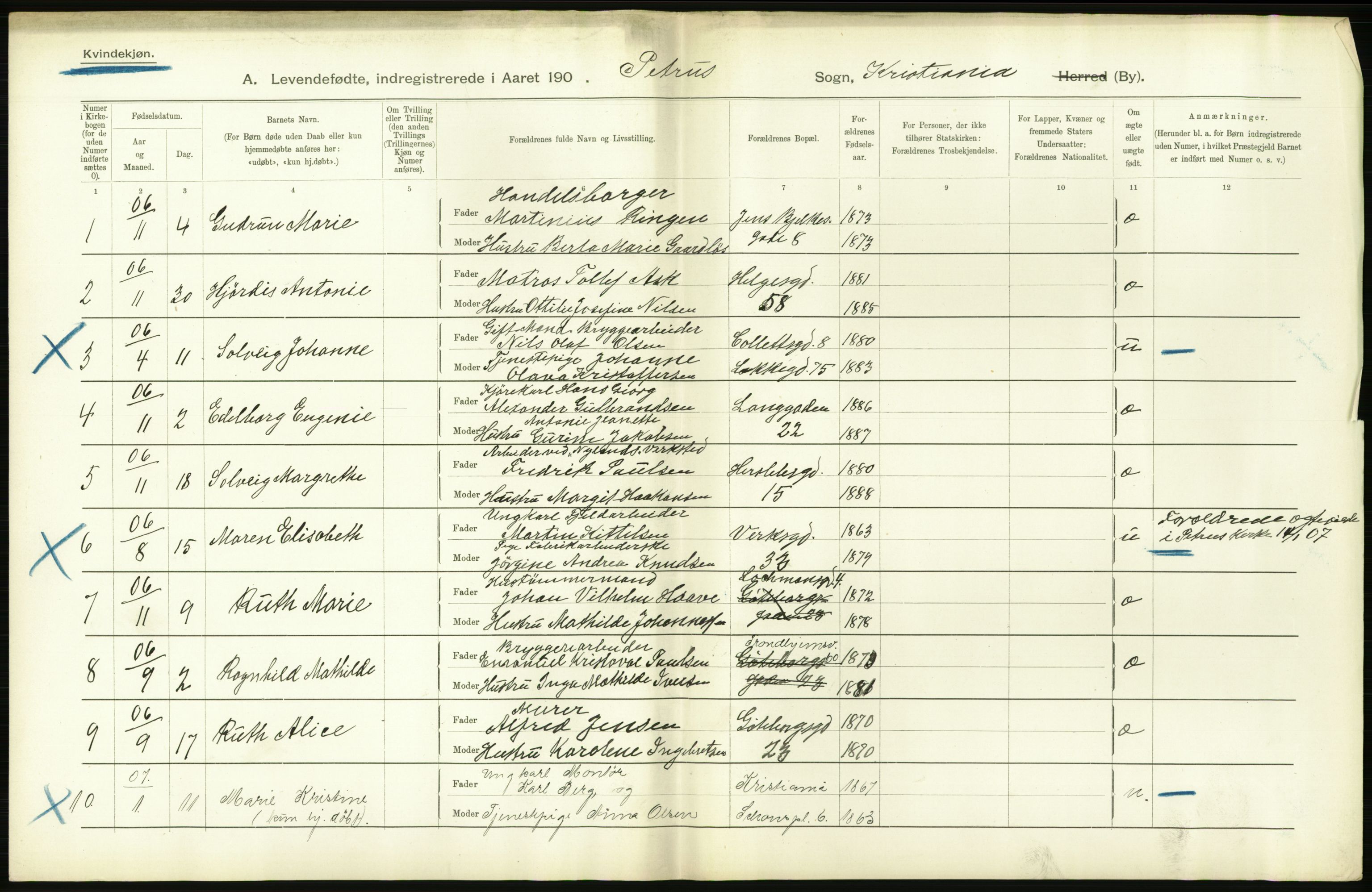 Statistisk sentralbyrå, Sosiodemografiske emner, Befolkning, AV/RA-S-2228/D/Df/Dfa/Dfae/L0006: Kristiania: Levendefødte menn og kvinner., 1907, p. 676