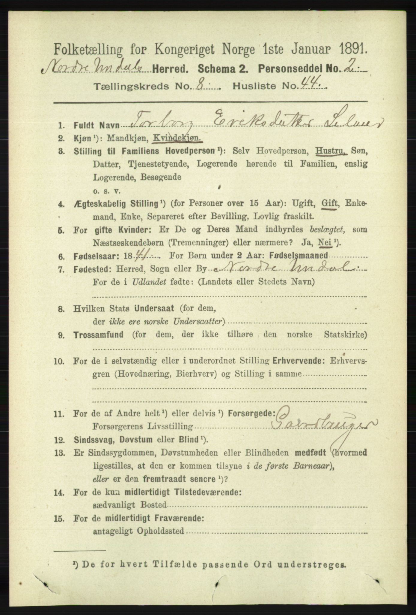 RA, 1891 census for 1028 Nord-Audnedal, 1891, p. 2298