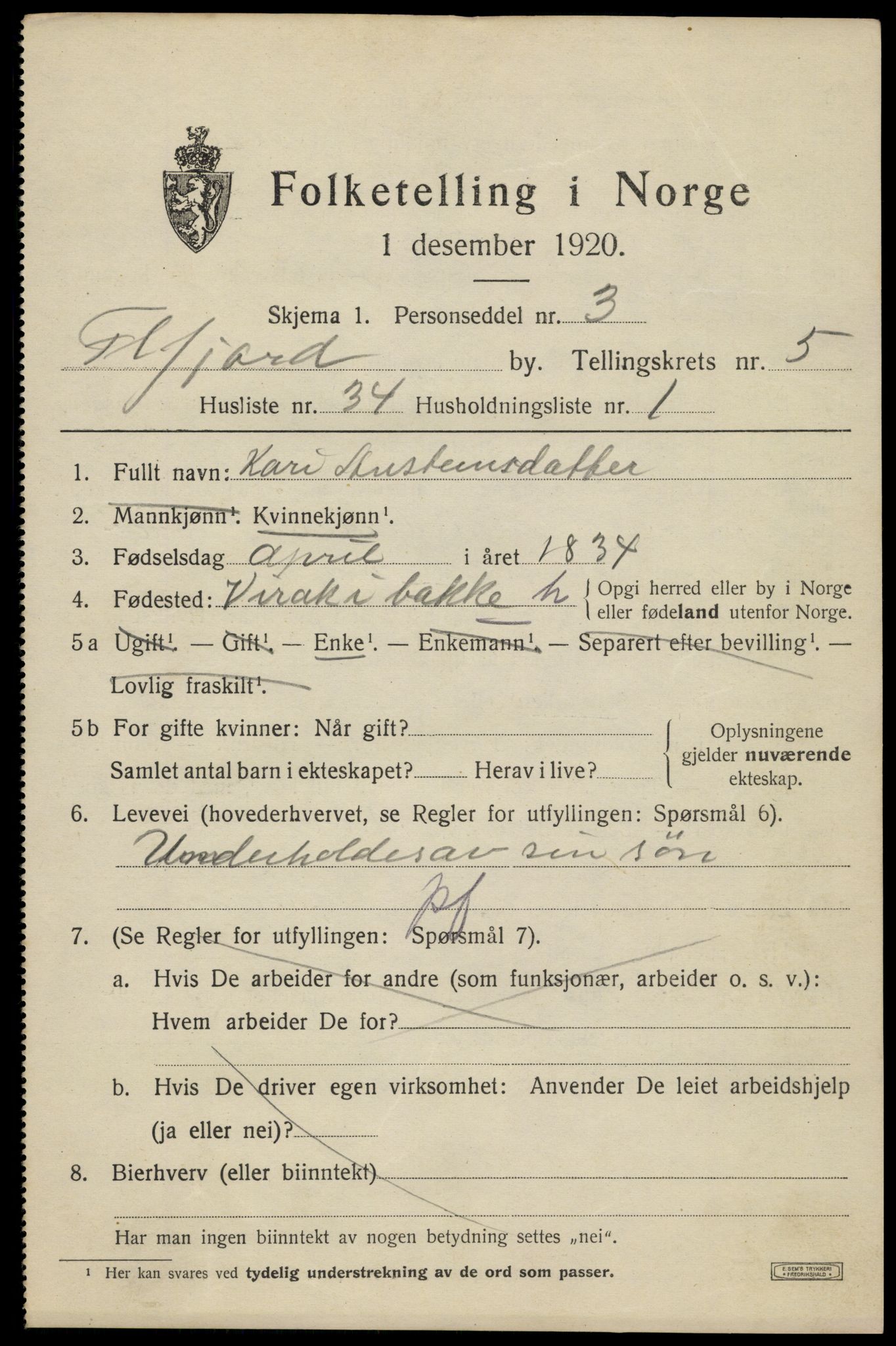 SAK, 1920 census for Flekkefjord, 1920, p. 5730