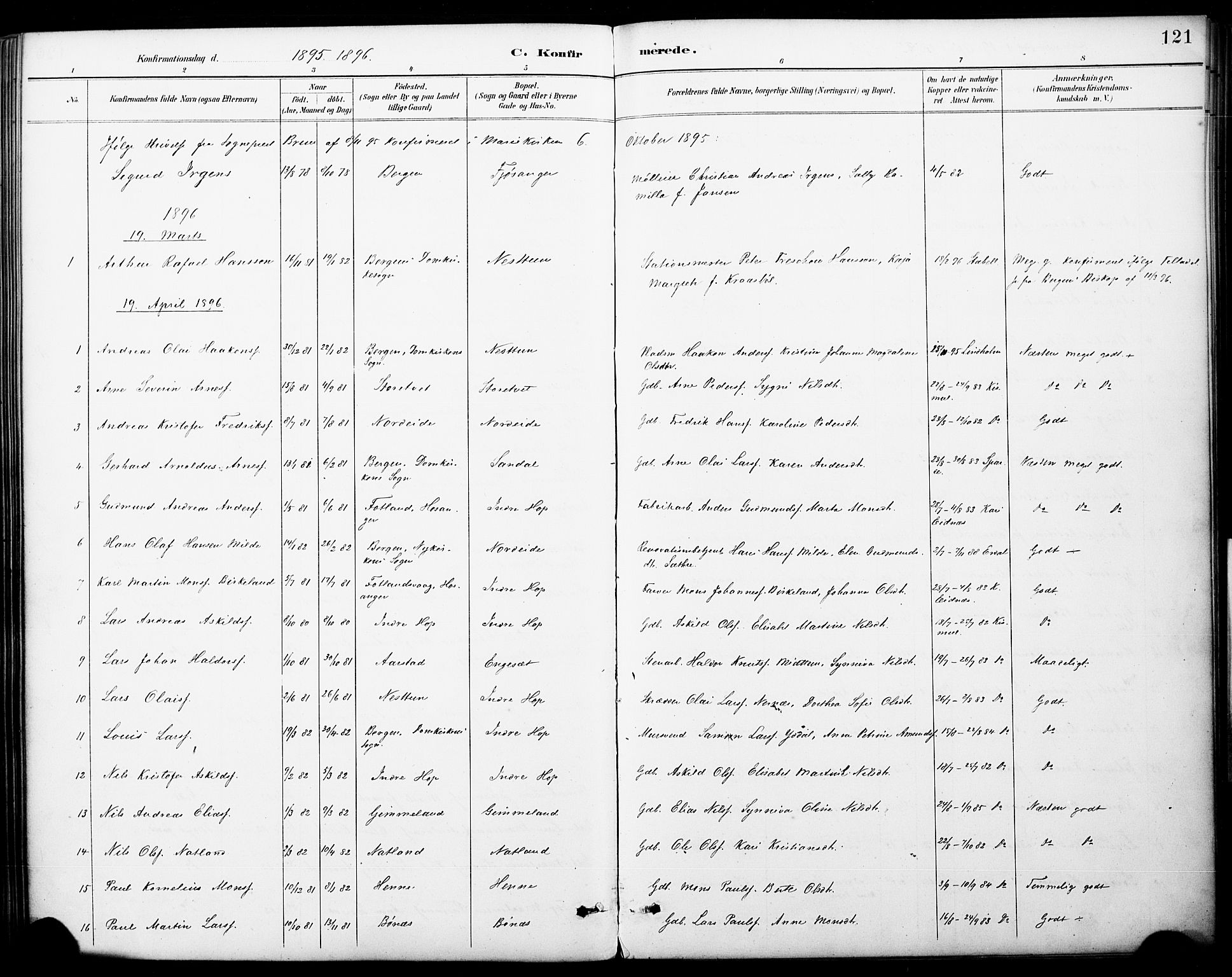 Fana Sokneprestembete, AV/SAB-A-75101/H/Haa/Haai/L0002: Parish register (official) no. I 2, 1888-1899, p. 121