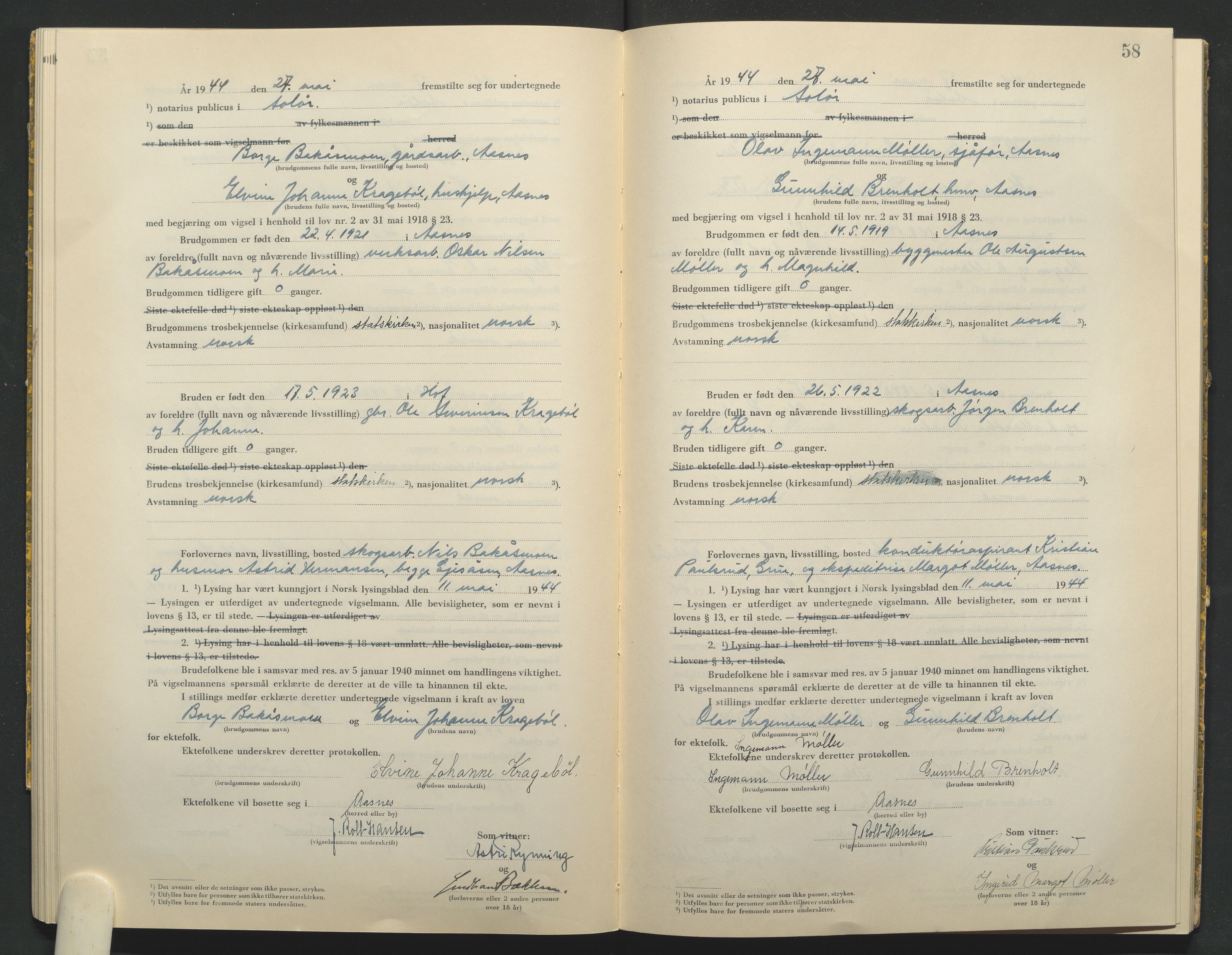 Solør tingrett, AV/SAH-TING-008/L/Lb/L0002: Vigselprotokoll, 1943-1944, p. 58