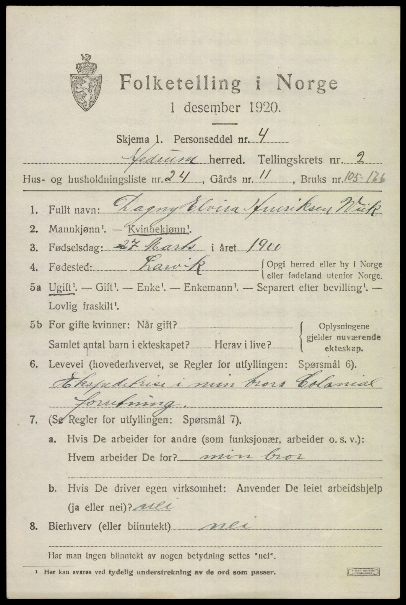SAKO, 1920 census for Hedrum, 1920, p. 2701