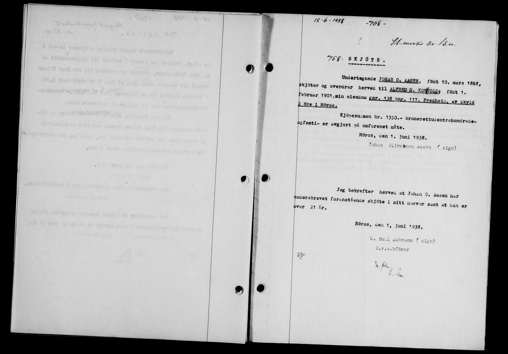 Gauldal sorenskriveri, SAT/A-0014/1/2/2C/L0048: Mortgage book no. 51-52, 1937-1938, p. 768, Diary no: : 758/1938