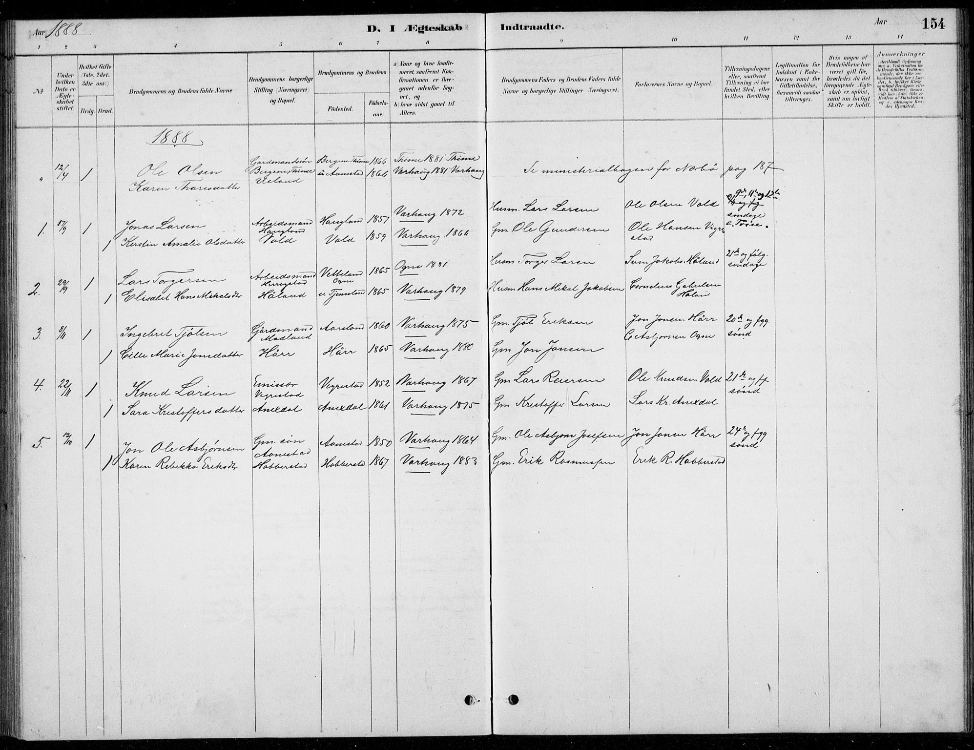 Hå sokneprestkontor, AV/SAST-A-101801/001/30BB/L0004: Parish register (copy) no. B 4, 1883-1899, p. 154