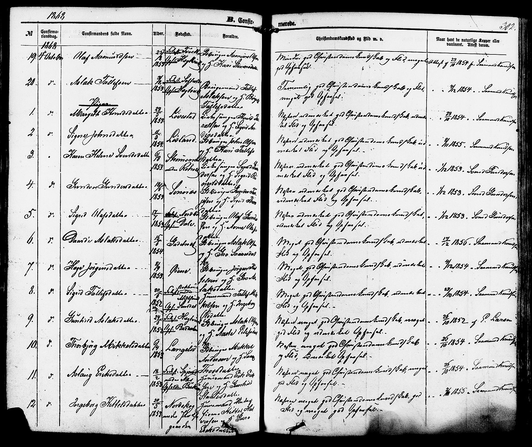 Kviteseid kirkebøker, AV/SAKO-A-276/F/Fa/L0007: Parish register (official) no. I 7, 1859-1881, p. 302