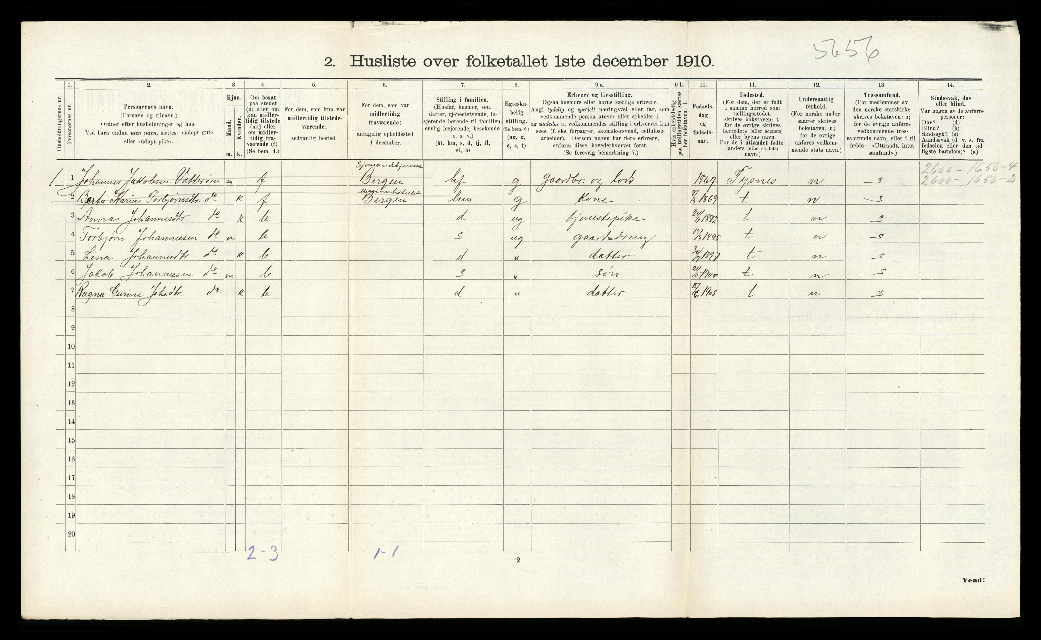 RA, 1910 census for Tysnes, 1910, p. 1503