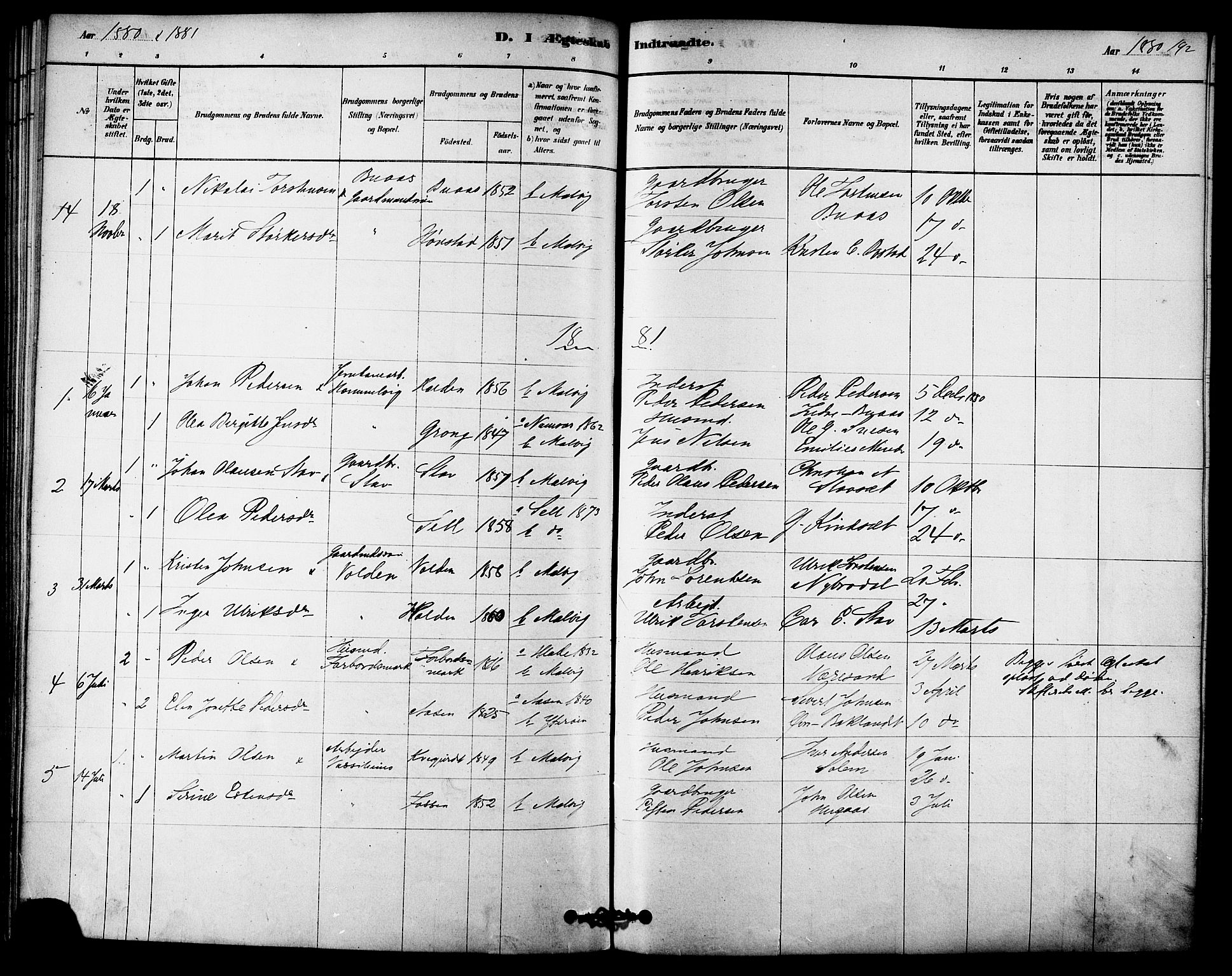 Ministerialprotokoller, klokkerbøker og fødselsregistre - Sør-Trøndelag, AV/SAT-A-1456/616/L0410: Parish register (official) no. 616A07, 1878-1893, p. 192