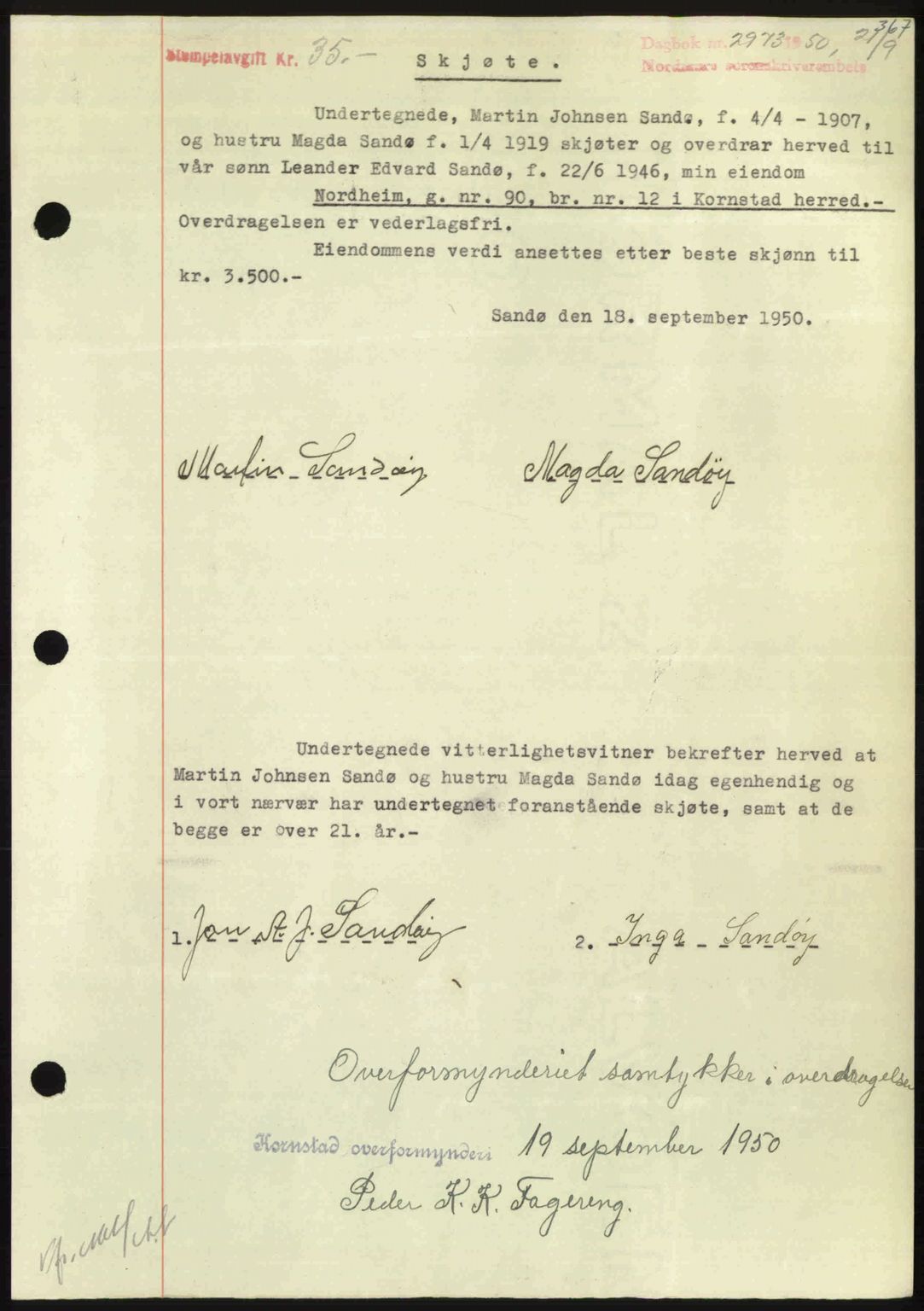 Nordmøre sorenskriveri, AV/SAT-A-4132/1/2/2Ca: Mortgage book no. A116, 1950-1950, Diary no: : 2973/1950